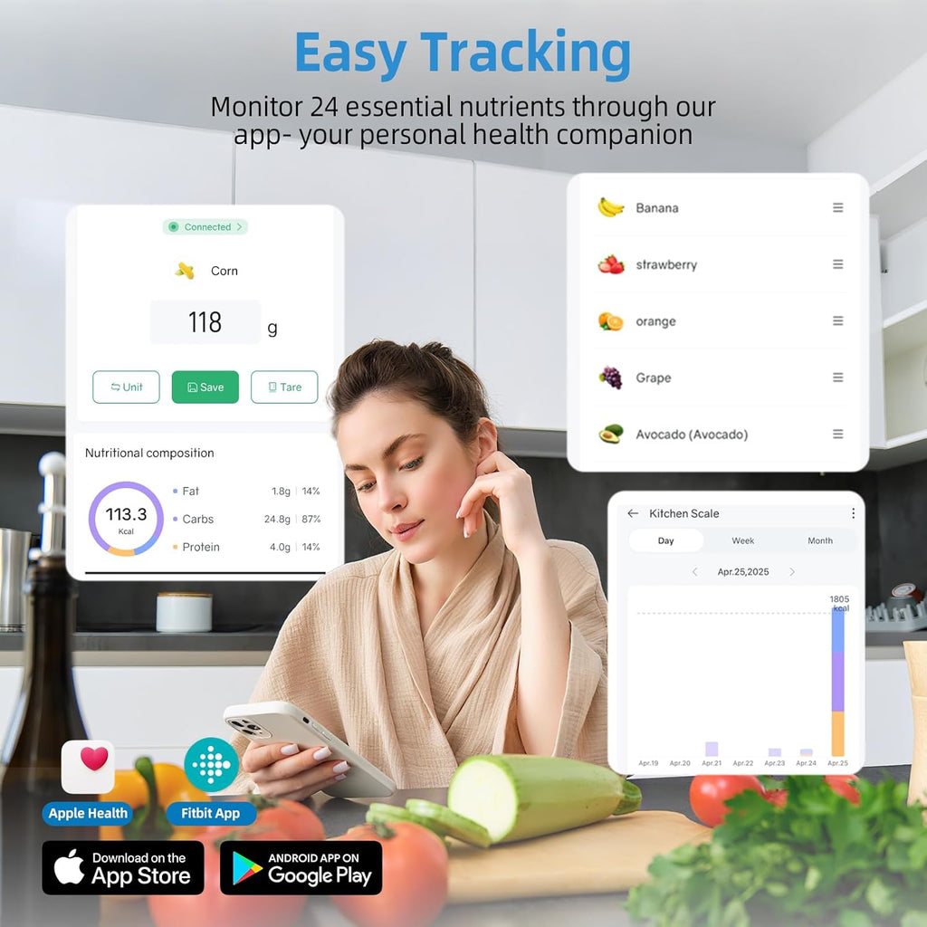 Food Scale with Nutritional Calculator, Smart Digital Kitchen Scale for Weight Loss, App with 23 Nutrients Tracking, Calorie, Fat, Carbs, Premium Stainless Steel, 11lb