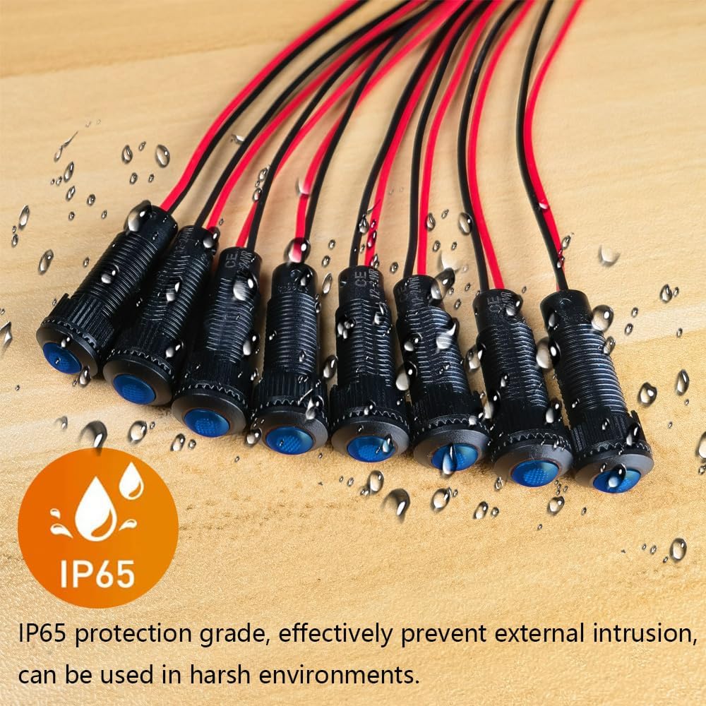8pcs Blue LED Indicator Pilot Light AC/DC 12-24V Mounting Hole Size 8mm(Flame Retardant Plastic Shell)