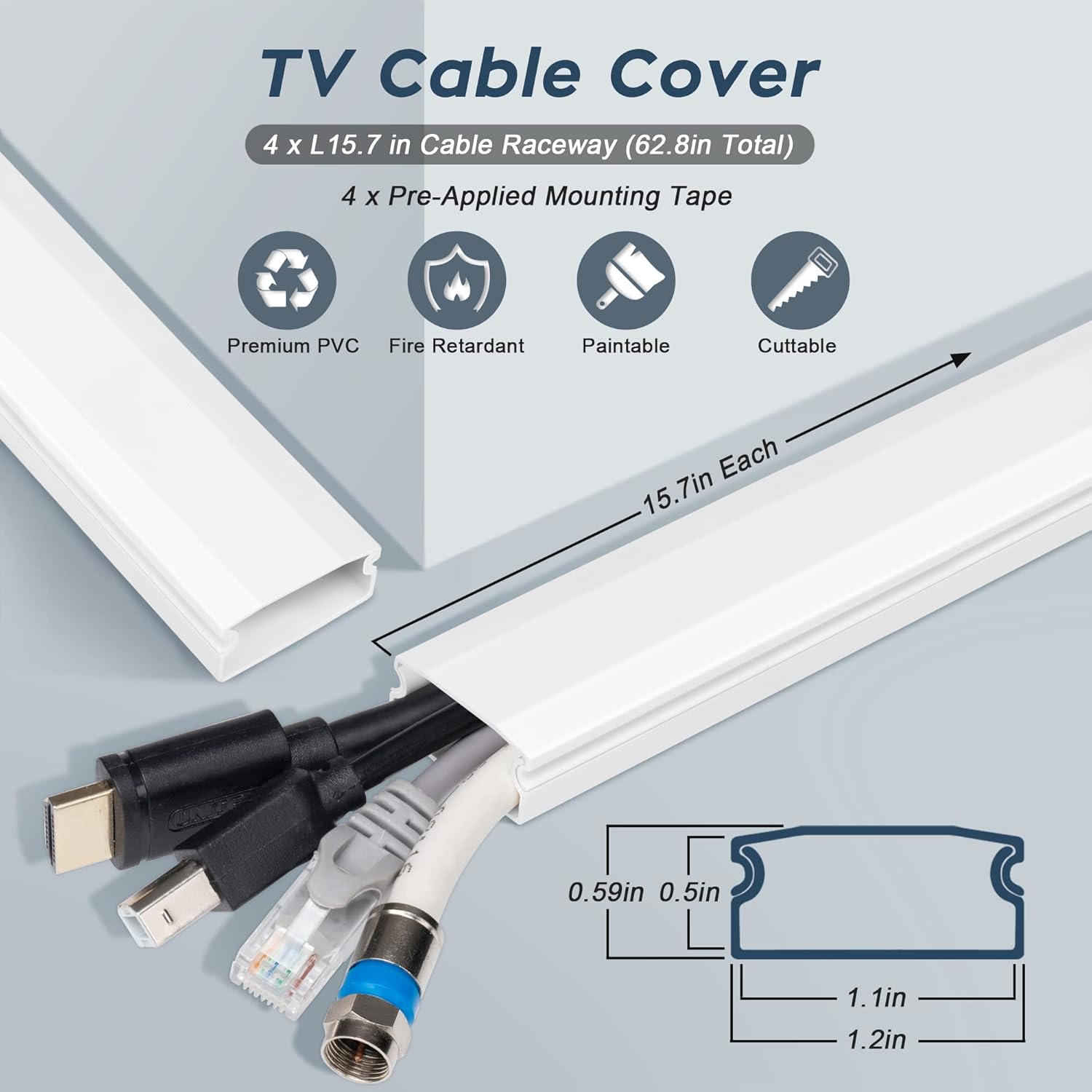 TV Cable Hider - 62.8in PVC Cord Hider Cable Management Wall, Paintable Cord Concealer for Wall Mounted TV, Cables Raceway White Wire Hider, Wall Wire Covers for Cords, 4* L15.7in *W1.2in *H0.59in