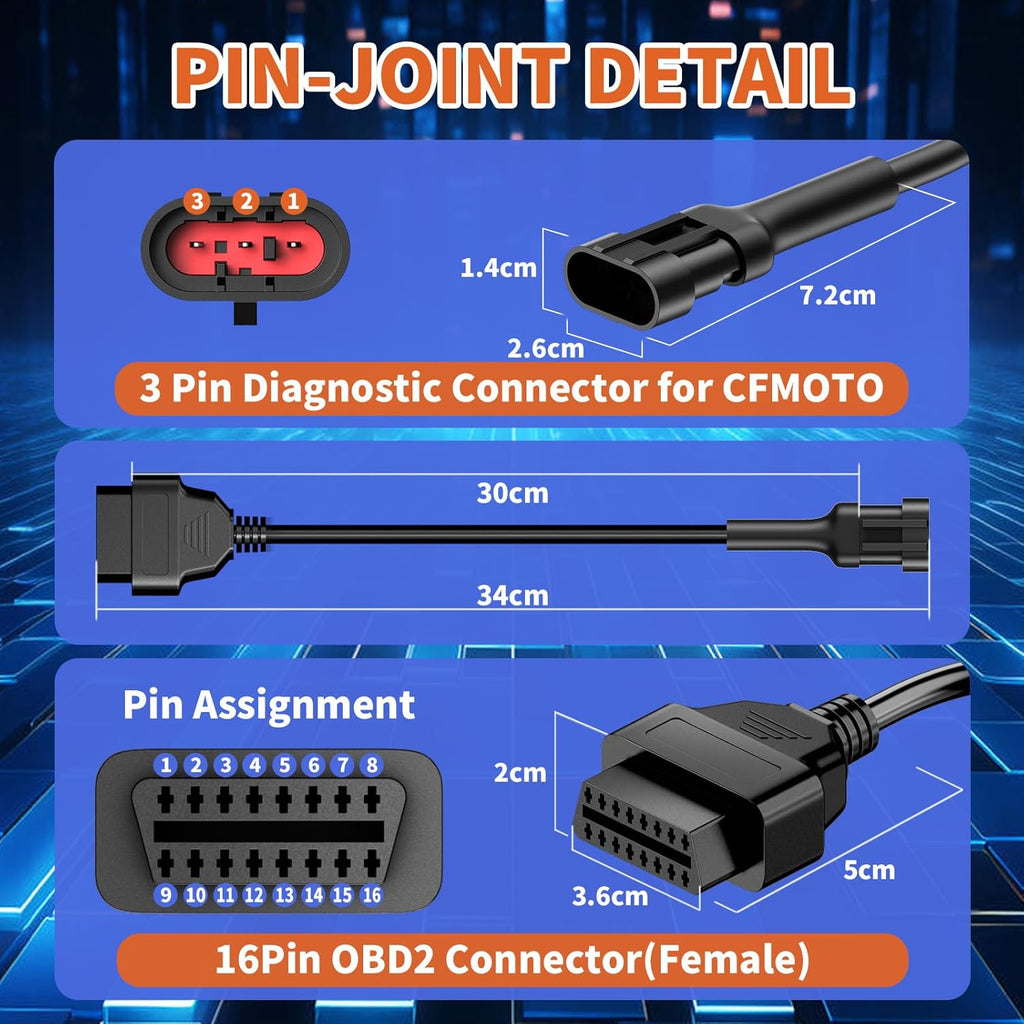 OBD2 Adapter Cable Fits for CFMOTO Ducati and More Motorcycles, 3Pin to 16Pin OBD2 Diagnostic Adapter Cable Works with All OBDII Scanner