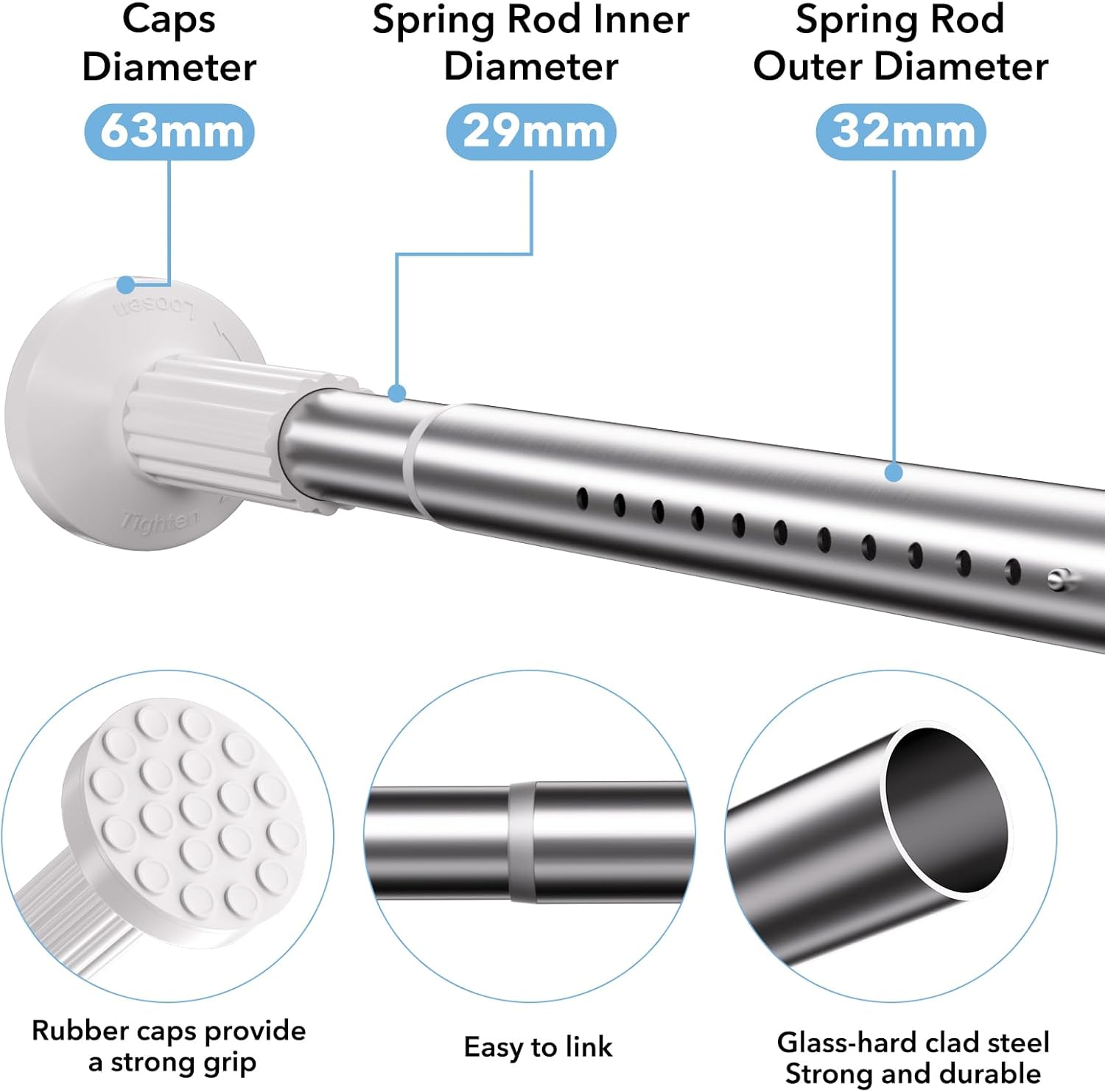 Tension Curtain Rod 51–168 In (4.25–14 ft),Extra Long Outdoor Curtain Rod for Window or Bathroom Patio,Easy to Install No Drilling Never Rust,Heavy Duty Adjustable Spring Shower Rod