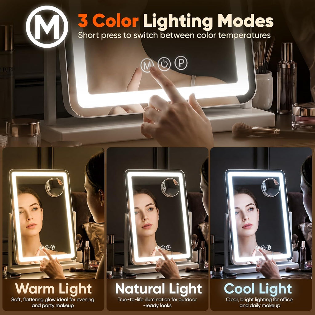 Antok Vanity Mirror with Lights, 13"X18" Lighted Makeup Mirror, Smart Touch, 3 Color Modes and Brightness Adjustable, LED Vanity Mirror with Detachable 10X Magnification, 360° Rotation for Makeup Desk