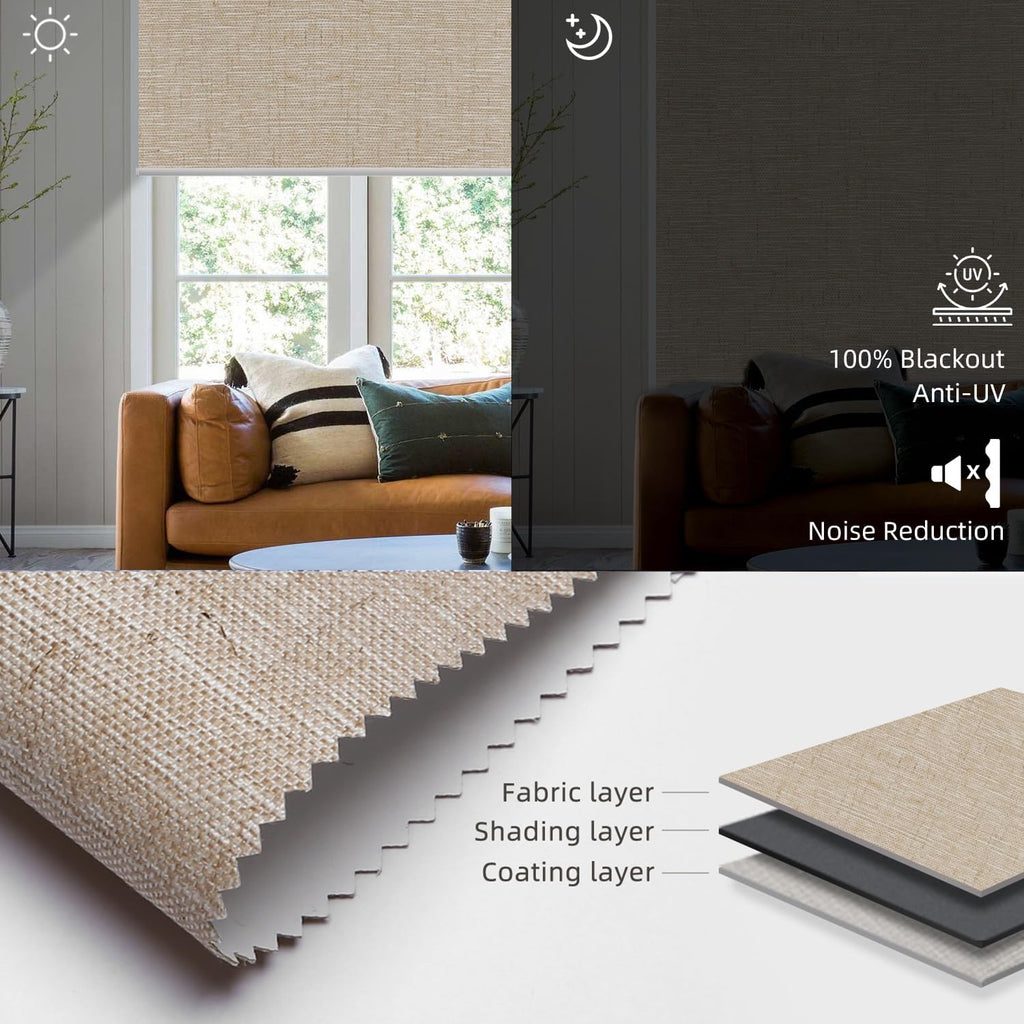 SmartWings Motorized Roller Shades Work with Homekit, 100% Blackout Smart Blinds for Windows, Cordless Remote Control Window Shades, Linen Caramel, Customized Size