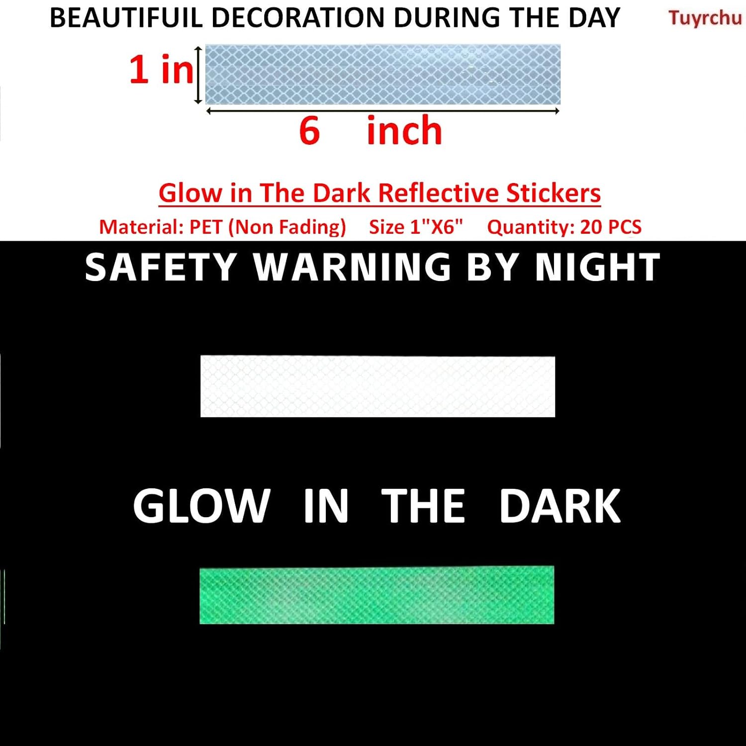 Glow in The Dark Reflective Stickers 1 inch X 6 inch for Bikes, Outdoor Waterproof High Visibility Reflector (20 Pcs)