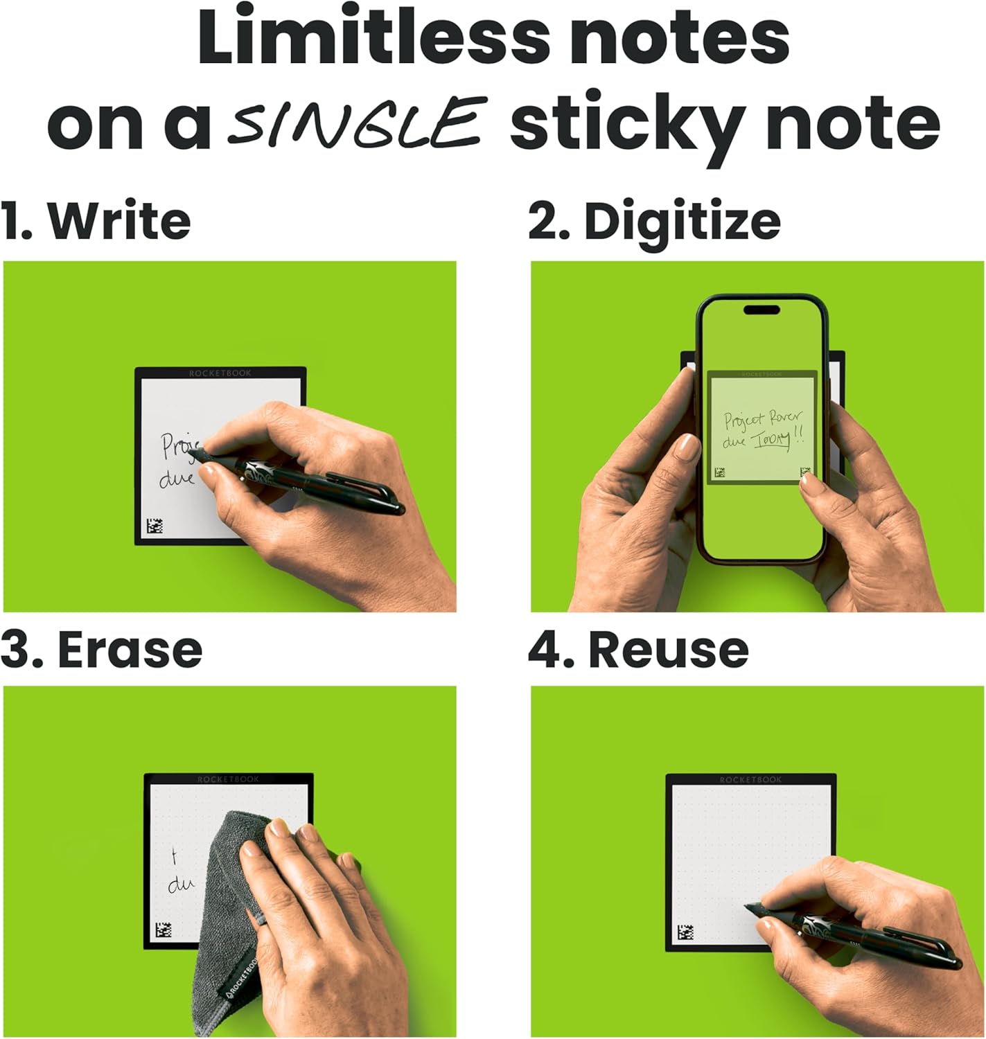 Rocketbook Reusable Sticky Notes Starter Pack, Restick and Reorganize Memo Pads, 3"x3", 15 Black Sticky Notes, Includes Pen, Towel + Carrying Case (Kit of 1)