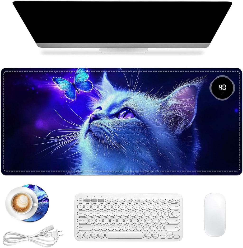 Heated Mouse Pad, Warm Desk Pad, Keyboard Mat 31.5 x 13 Inch Large Size Intelligent Fast Heating, 3 Speed Adjustable, Timed Auto Power Off for Game Office Home,Blue Cat Butterfly
