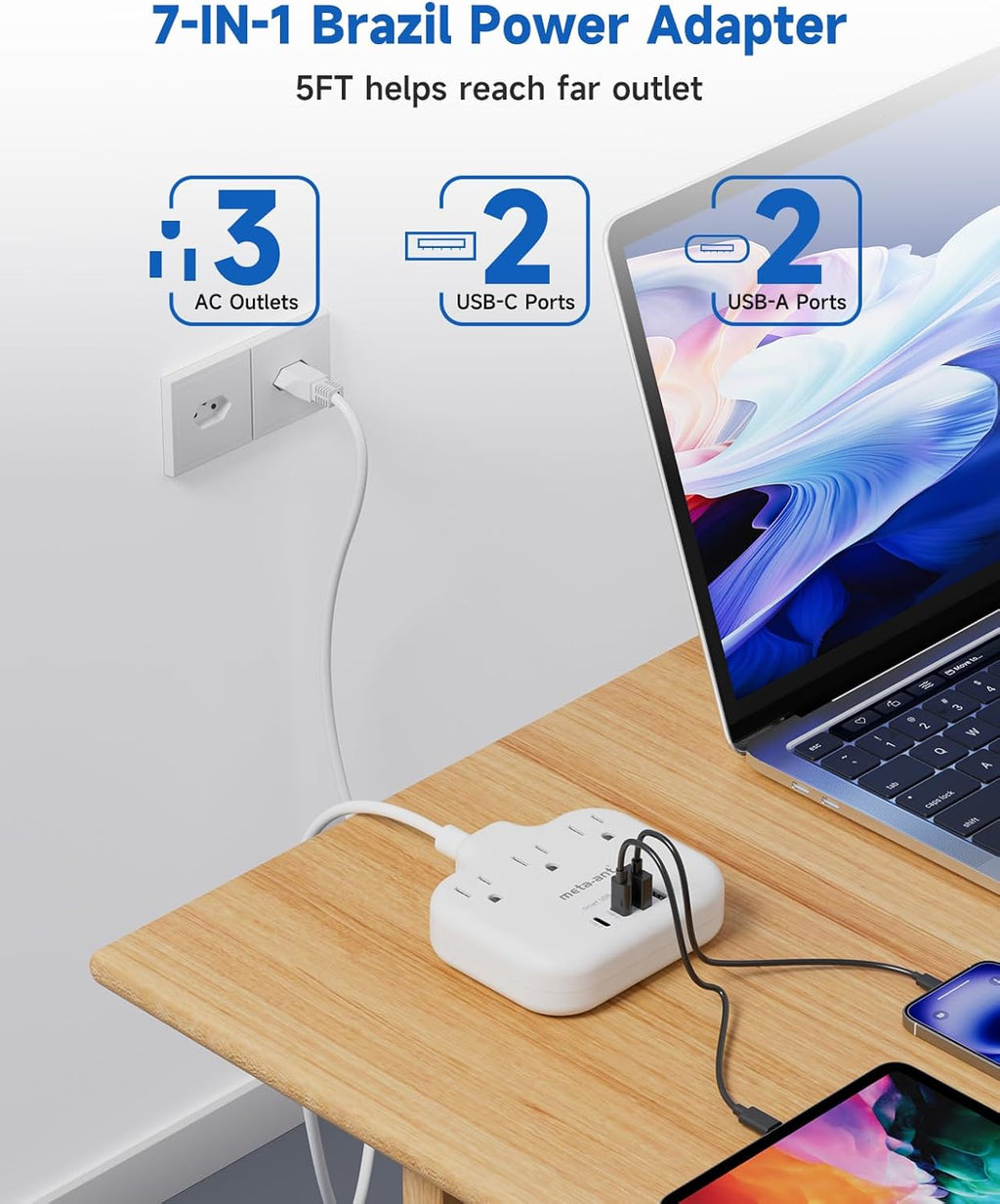 Brazil Power Adapter with 5FT Extension Cord, meta-ant US to Brazil Travel Plug with 3 American Outlets and 4 USB Charger Port(2 USB C), Type N Adaptor for USA to Brazilian Brazil, White