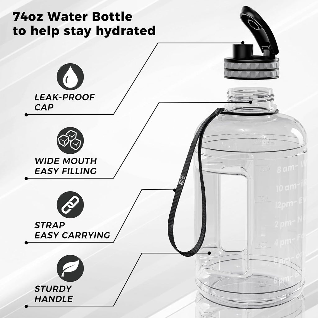 Large Water Bottle with Motivational Time Marker, Water Jug with Handle, Clear Sport Bottle for Gym Camping Workout Outdoors (0.5 Gallon Clear)