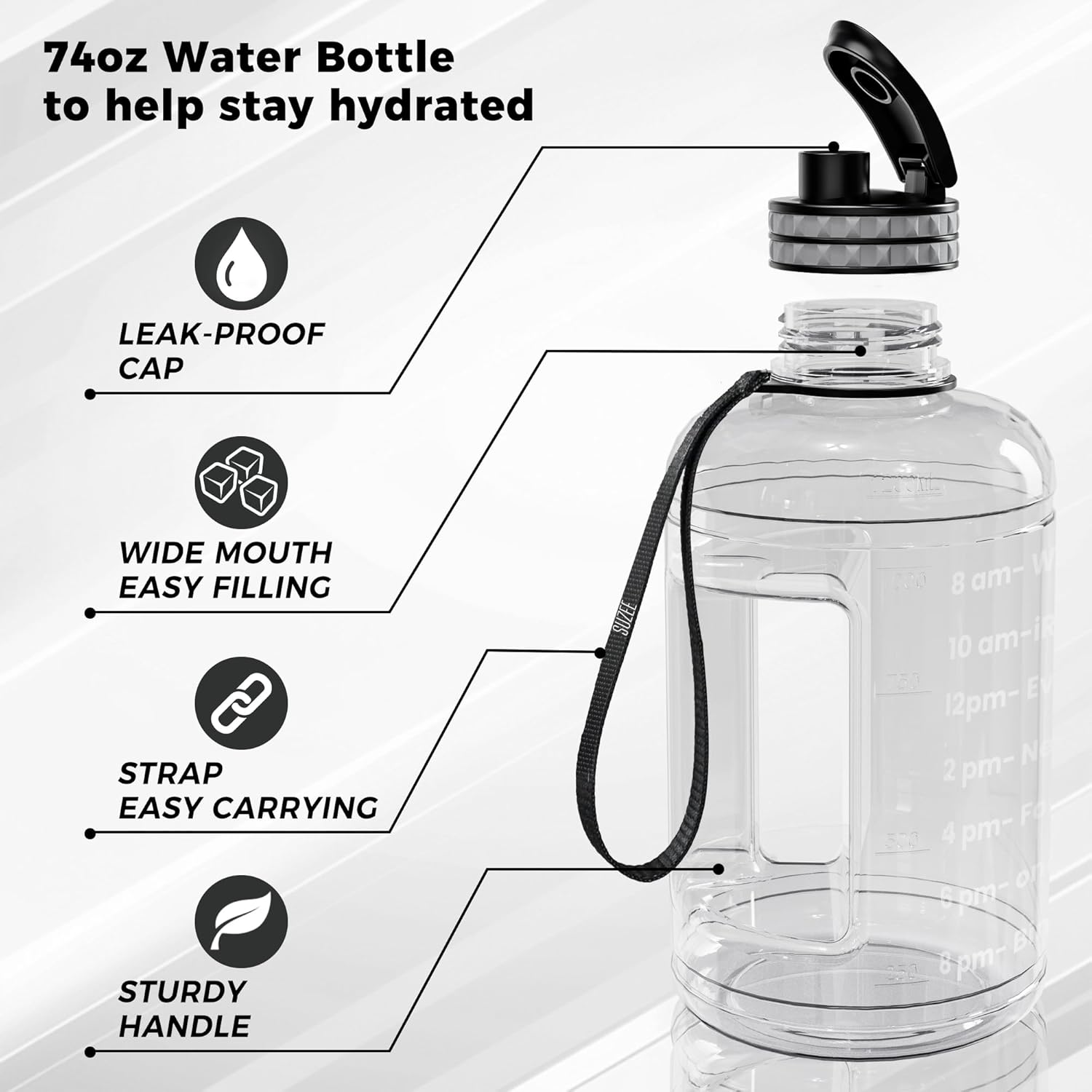 Large Water Bottle with Motivational Time Marker, Water Jug with Handle, Clear Sport Bottle for Gym Camping Workout Outdoors (0.5 Gallon Clear)
