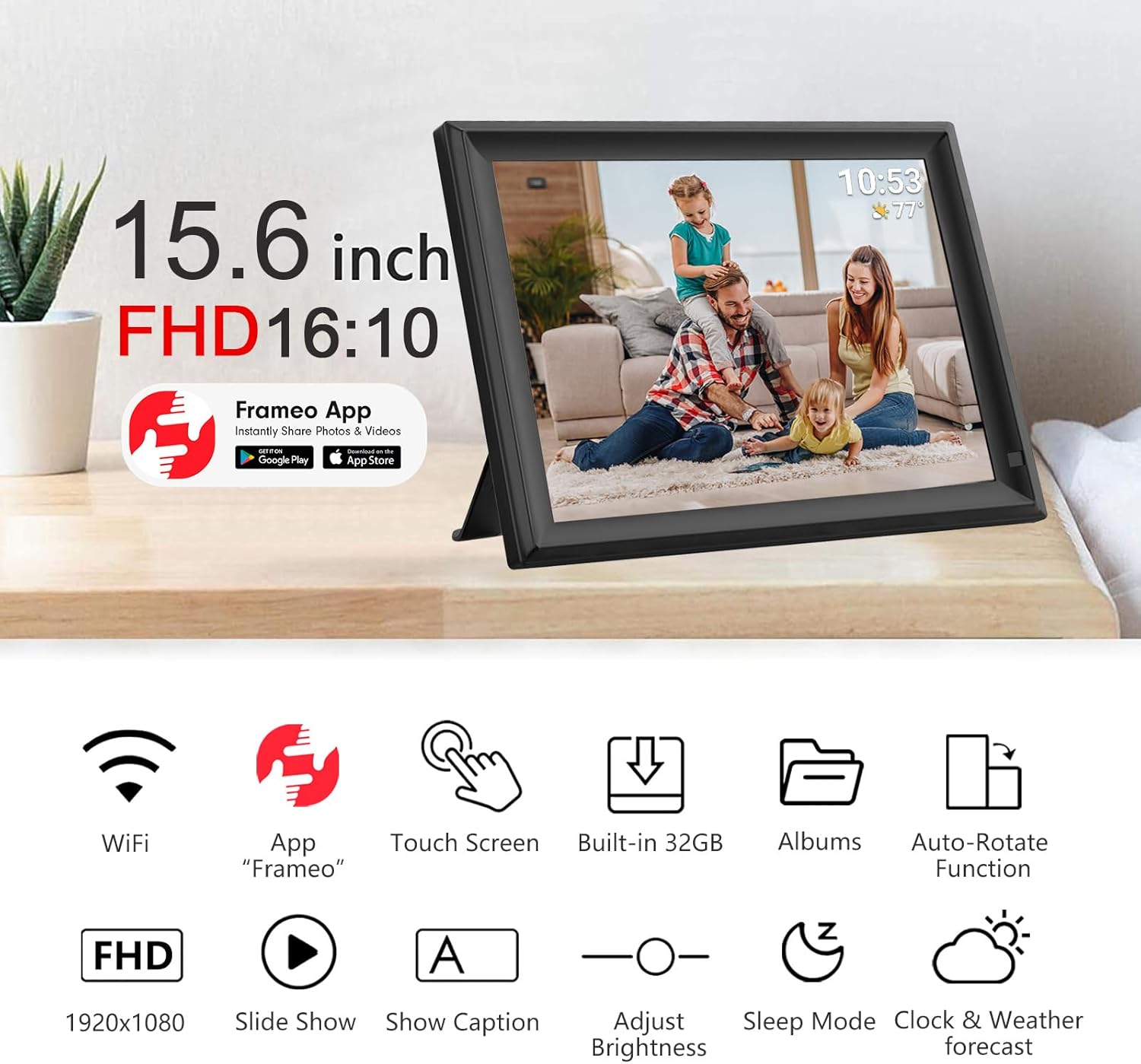 15.6inch FRAMEO Digital Photo Frame with 1920x1080 FHD IPS LCD Touch Screen, Dual-WiFi Share Photos & Videos Via Frameo App, Support USB Drive/SD Card Extend Storage, Motion Sensor, Auto-Rotate