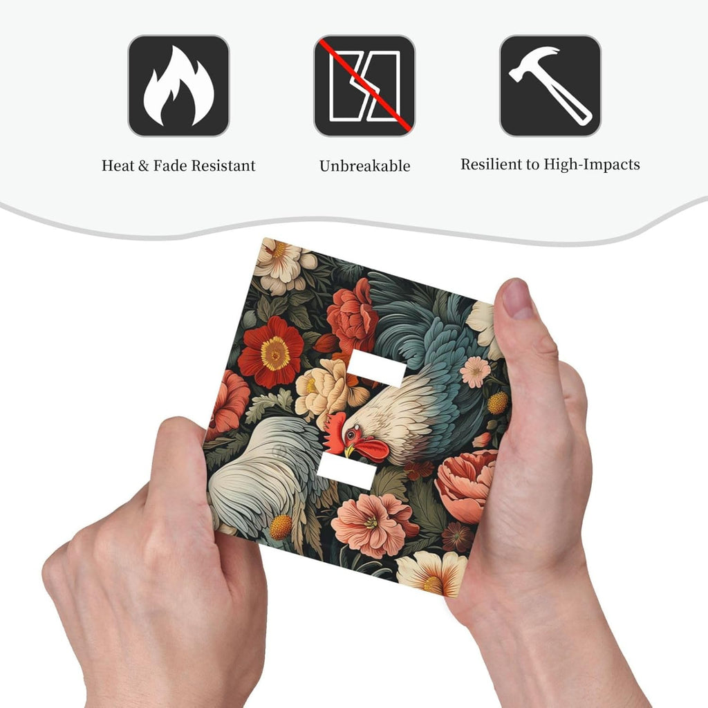 Decorative Switch Plates Rooster Flowers Red White Chicken Floral 2 Gang Double Toggle Outlet Light Switch Cover Wall Plate Electrical Faceplate for living Room Farmhouse Decor