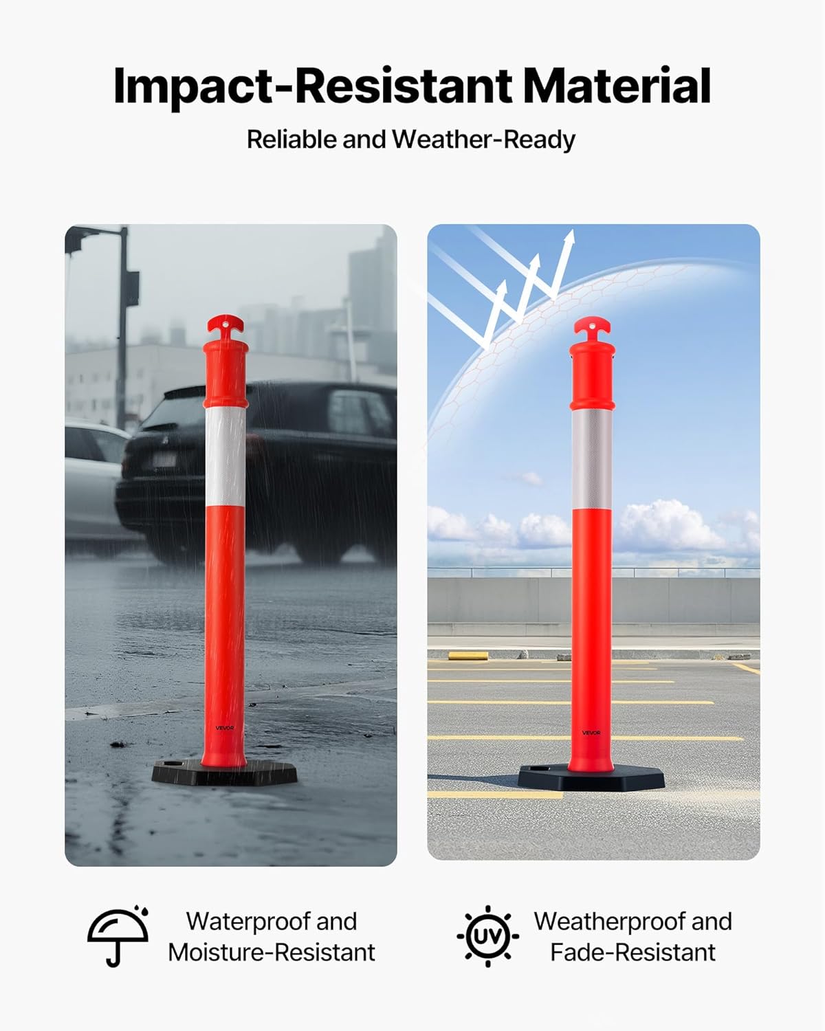 VEVOR 2 Pack Traffic Delineator Posts, 48 inches Traffic Safety Cones with Weighted Base and Reflective Strips, Heavy Duty Delineator Posts for Construction Site, Parking Lot, Crowd Control, Red