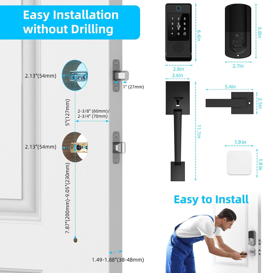 WiFi Smart Locks for Front Door with Handle Sets, Keyless Entry Door Lock Fingerprint Deadbolt, Electronic Digital Touchscreen keypad, App Control, Easy to Install (Black)