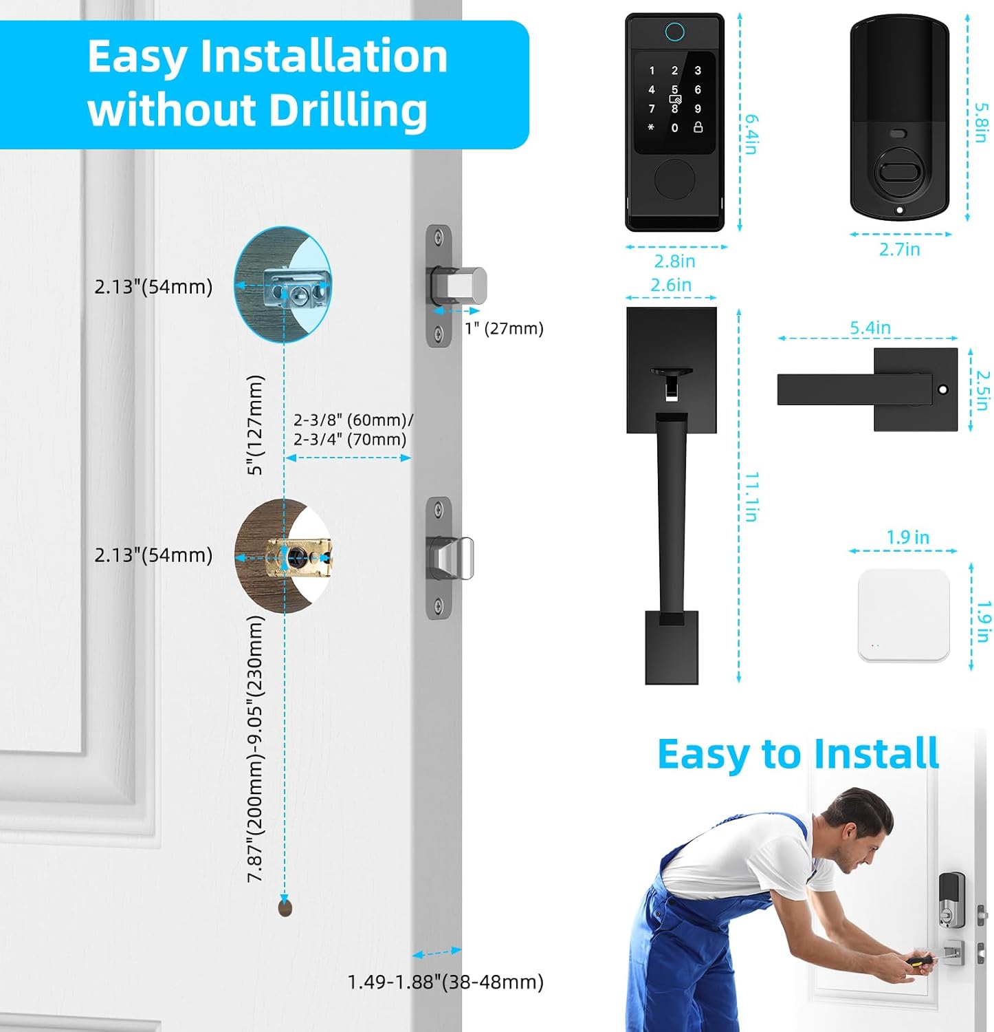 WiFi Smart Locks for Front Door with Handle Sets, Keyless Entry Door Lock Fingerprint Deadbolt, Electronic Digital Touchscreen keypad, App Control, Easy to Install (Black)