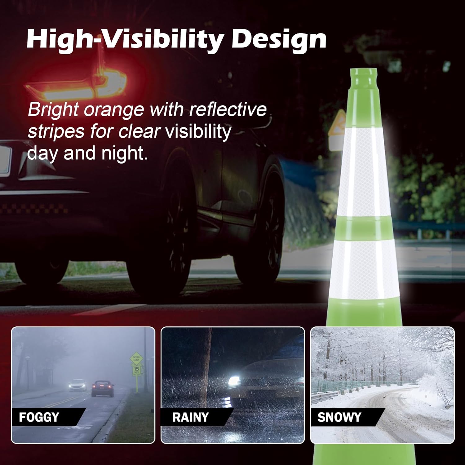 8 Pack 36 Inch Green Reflective Safety Cones, Tall Black Base Traffic Cones for Road Work, Parking Guidance and Athletic Field Marking (8, Green, 36 Inch)