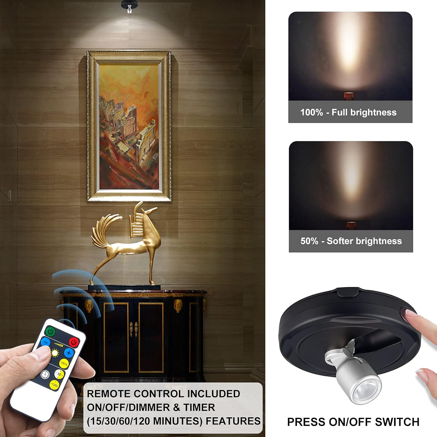 LED Spotlight, Battery Powered Picture Lights, Uplighting Indoor, Puck Lights with Remote, Stick Spot Light for Wall Display Dartboard Painting Artwork Accent-Silver