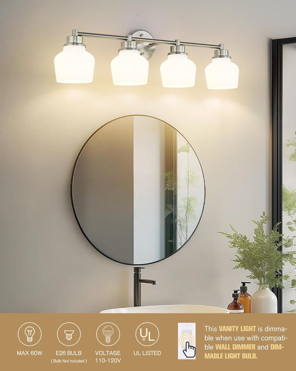Emak Brushed Nickel Bathroom Light Fixtures Over Mirror, Modern 29 Inch Milk Glass Vanity Light, 4-Light Wall Sconces for Bathroom, Mirror, VL122-BN-ML-4