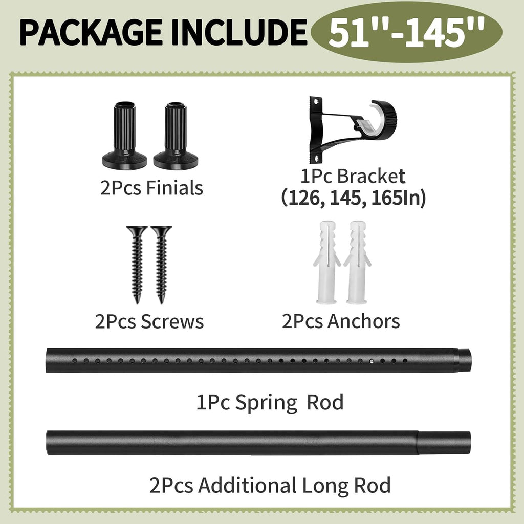 Tension Curtain Rod 51-145In(4.25-12.08Ft), Extra Long Curtain Rod No Drilling for Window or Bathroom Patio, Adjustable Spring Shower Curtain Rod, Easy to Install Never Rust Rod Diameter 1.26In-Black