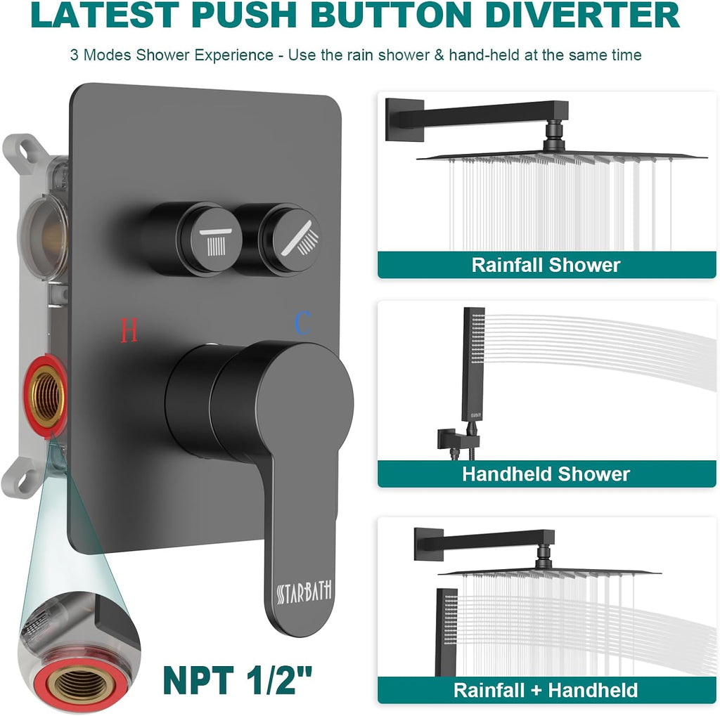 Rainfall Shower System with Handheld Spray and 12" Rain Shower Head, Can Be Use at Same Time, Push Button Multi Shower Head System for 2 People, Matte Black