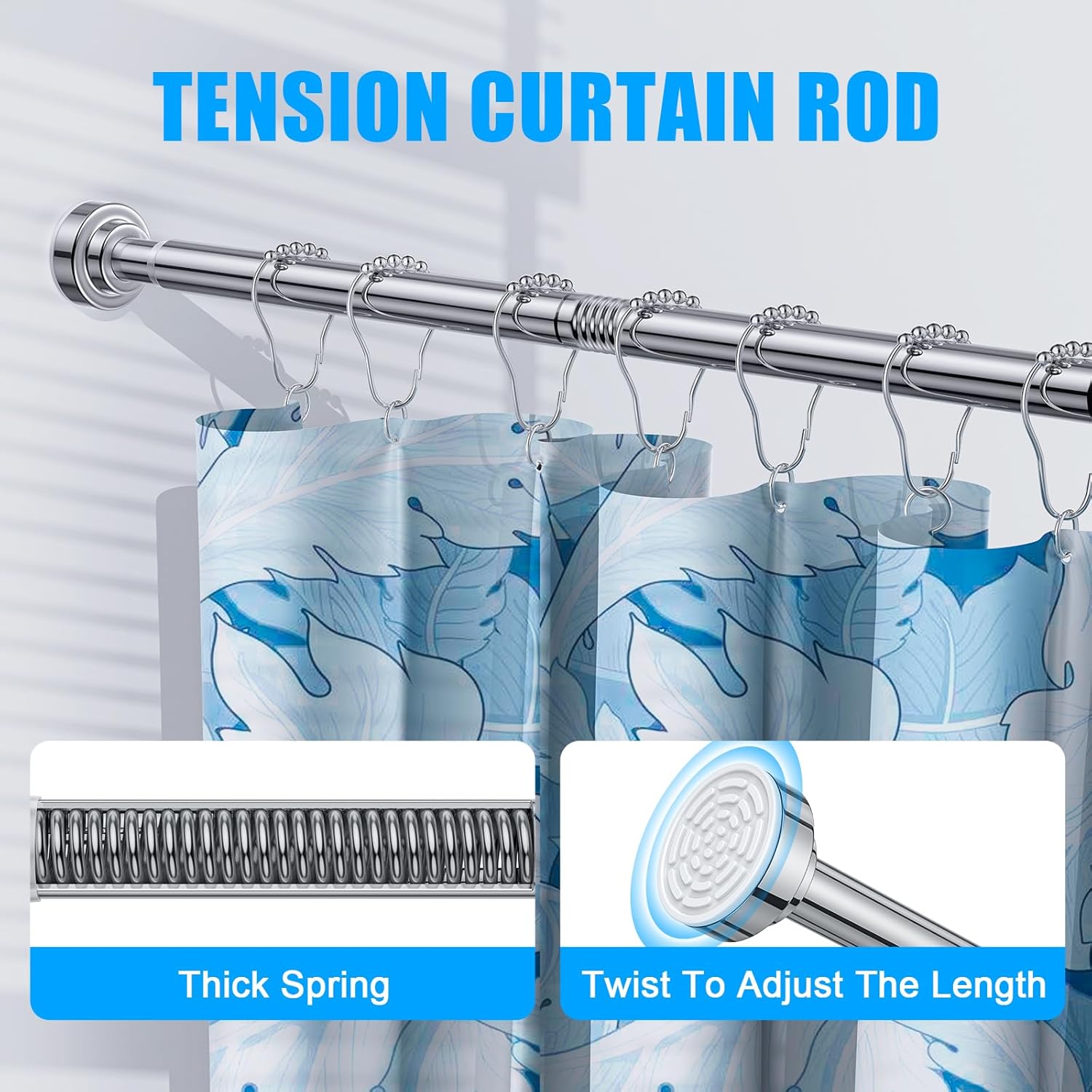 TEECK Shower Curtain Rod, 32-104 inch Adjustable Spring Tension Curtain Rod, Never Rust Anti-Slip Shower Curtain Rod for Bathroom, No Drilling, Never Collapse, Easy to Use, Silver