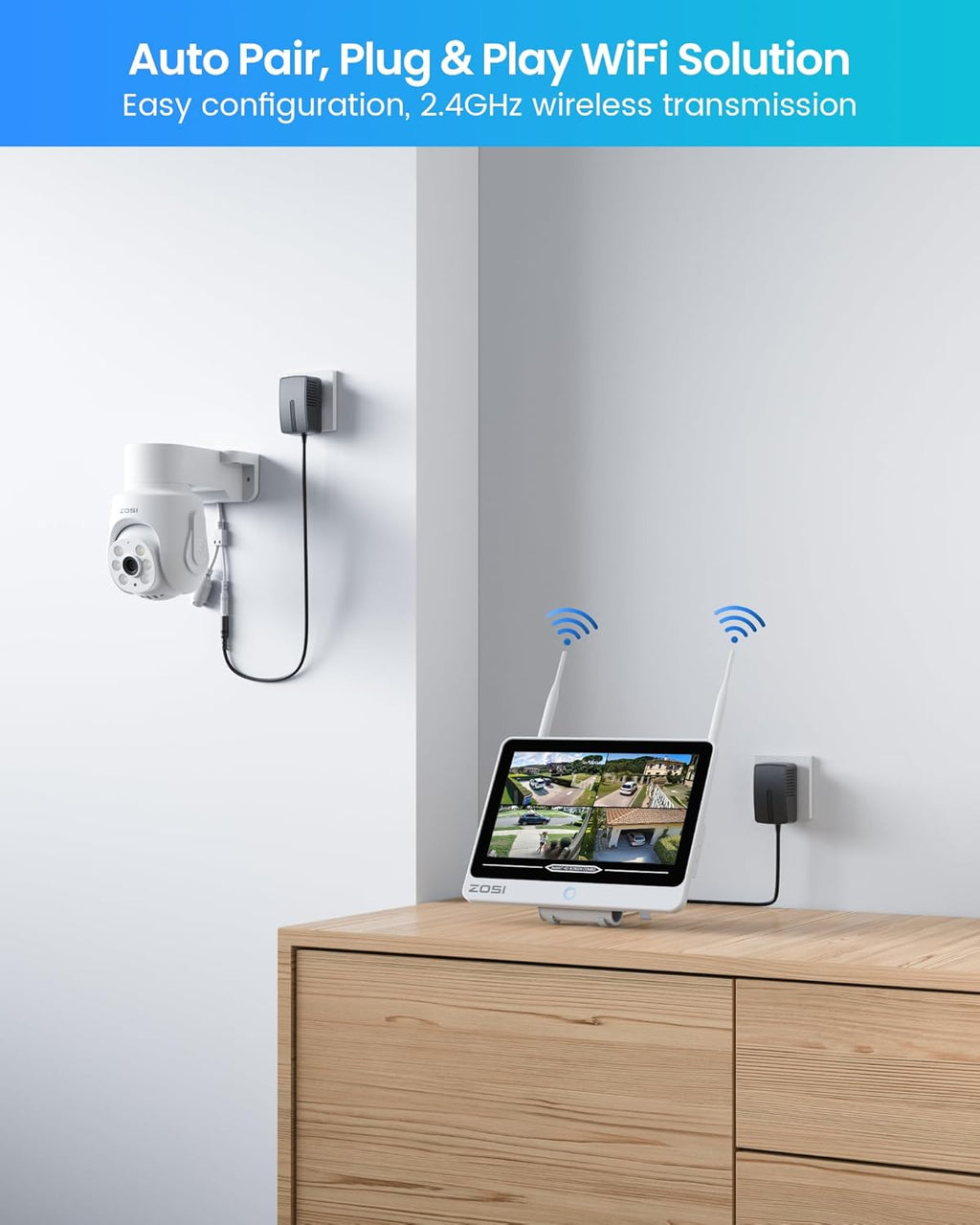 ZOSI 8CH 5MP Wi-Fi 6 Security Camera System with 12" LCD Monitor,4pcs 5mp Pan Tilt Plug-in WiFi Cameras Outdoor Indoor,AI Person Detection,Color Night Vision,2-Way Audio,1TB HDD for 24/7 Recording