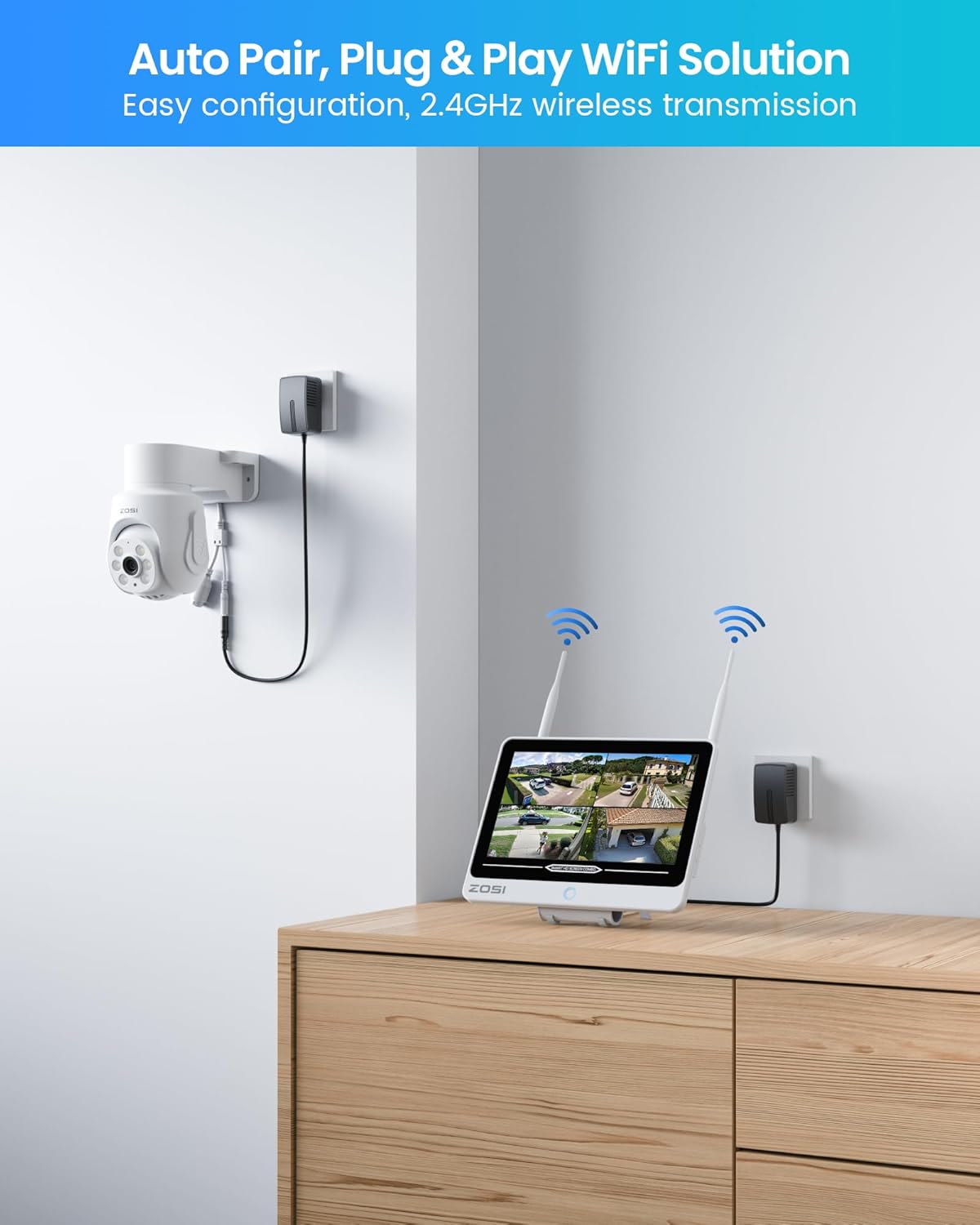 ZOSI 8CH 5MP Wi-Fi 6 Security Camera System with 12" LCD Monitor,4pcs 5mp Pan Tilt Plug-in WiFi Cameras Outdoor Indoor,AI Person Detection,Color Night Vision,2-Way Audio,1TB HDD for 24/7 Recording