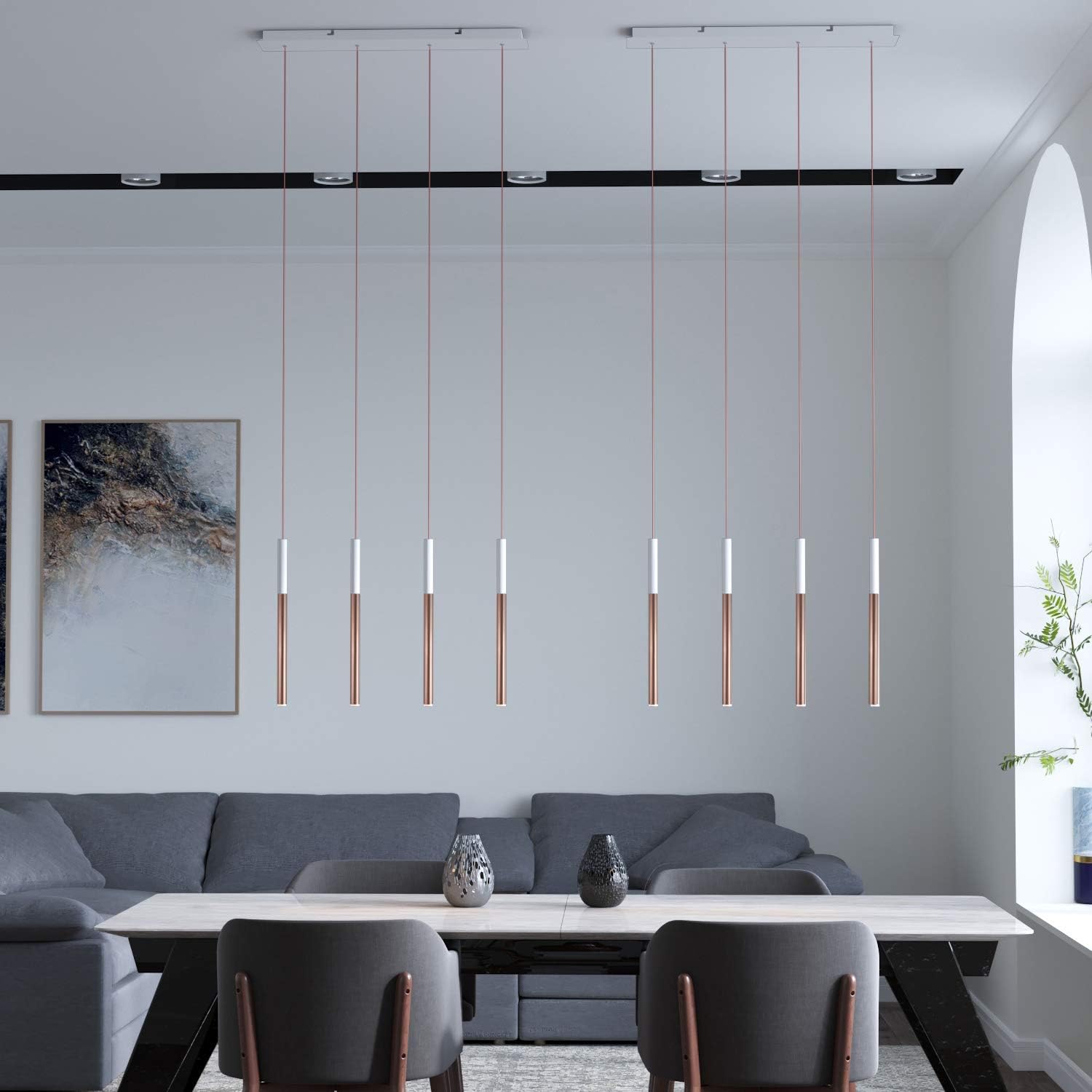 ALTAIR 4 Mini Pendant Lighting White-Copper - LED Hanging Light Fixture for Kitchen Island, Bar, Foyer - Cluster Pendants - Dimmable, Adjustable Wire, Lamp Bulb Included