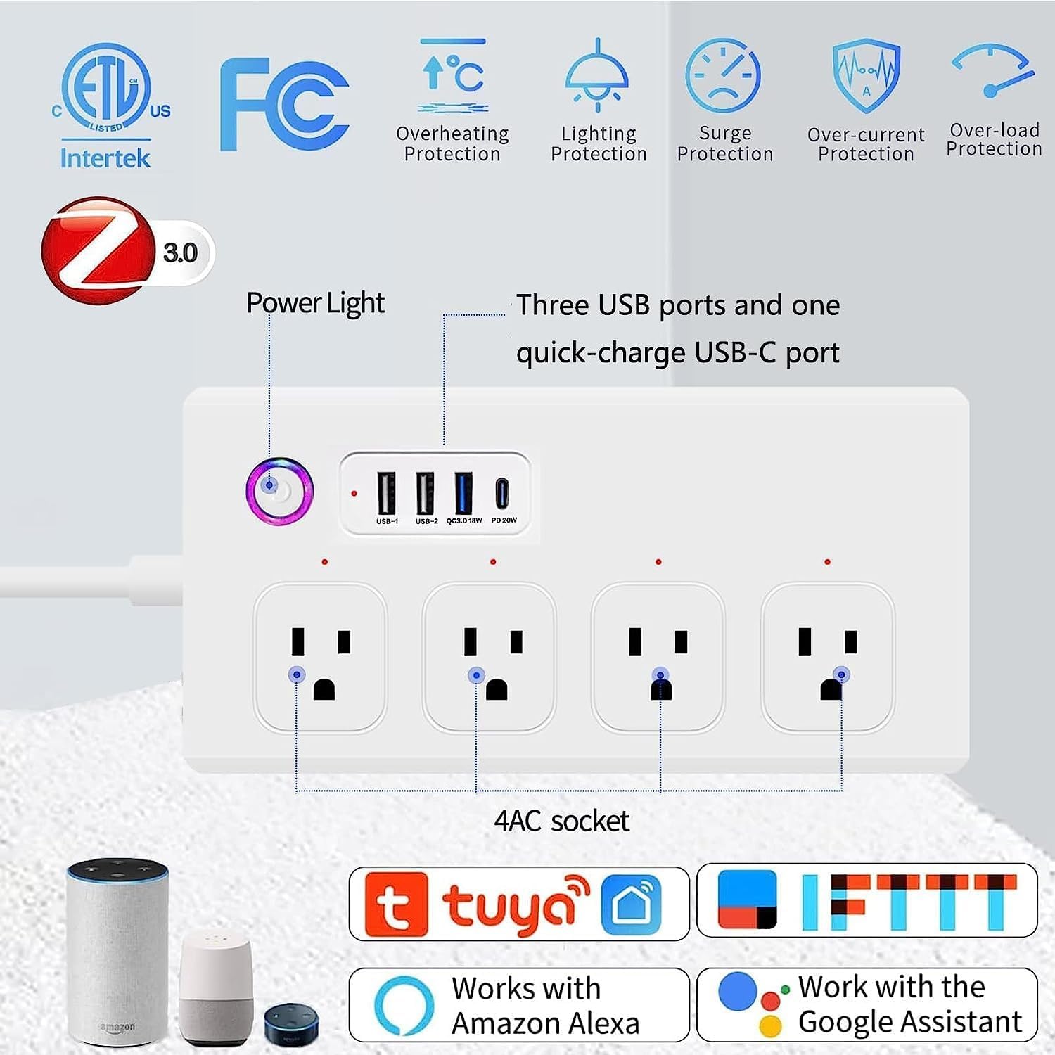 ZigBee Power Strips Surge Protector, USB C Power Strip 20W, Smart Life APP/Timer, 4 Individually Controlled Outlets, Compatible with Alexa Google Home Phillilps HUE, Need ZigBee Gateway Hub