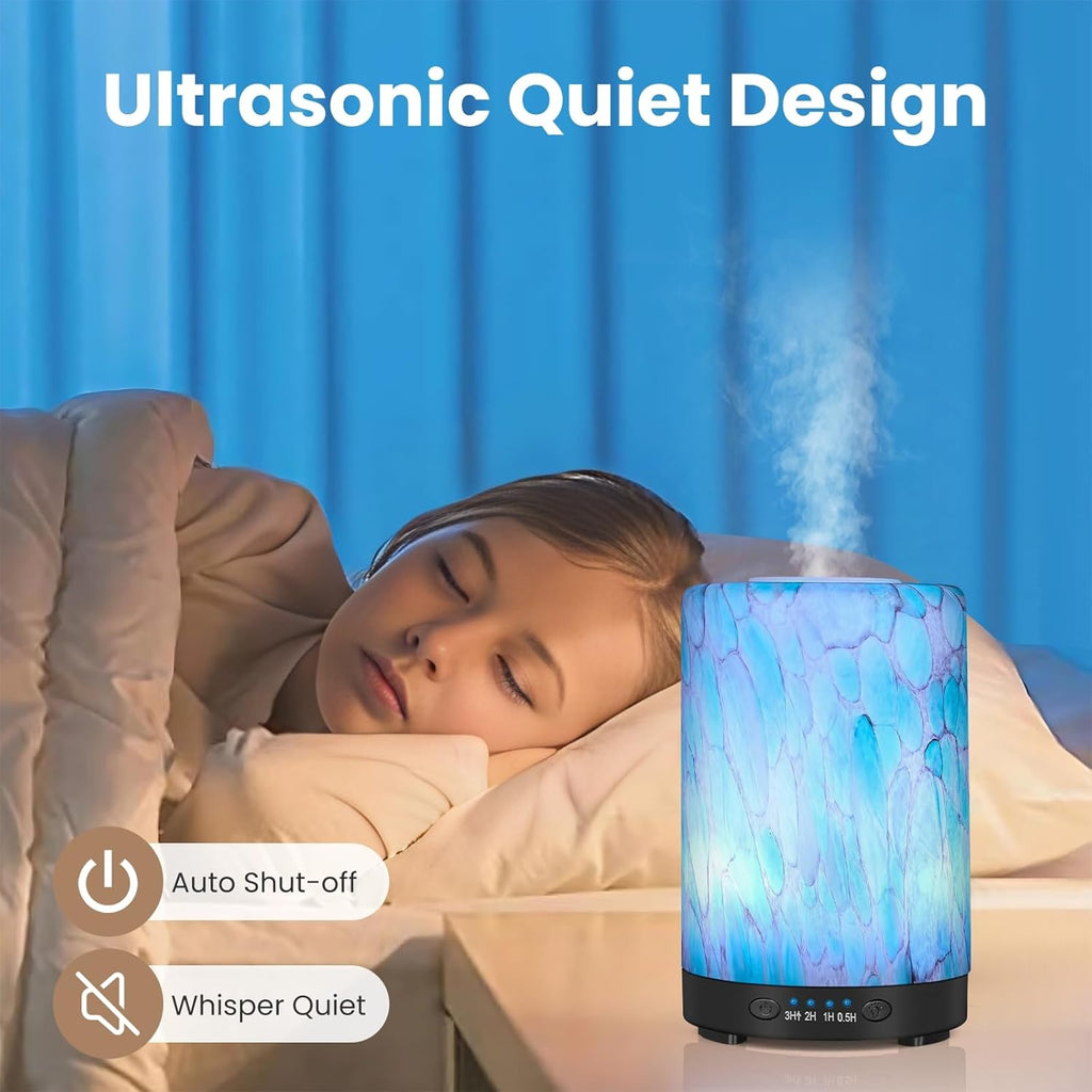 Essential Oil Diffuser, 120 ml Glass Aromatherapy Diffuser with 7 Color Lights, Auto Shut-Off and 4 Timer Settings, Ultrasonic Cool Mist Diffuser for Home Room Office (Blue Mountain)