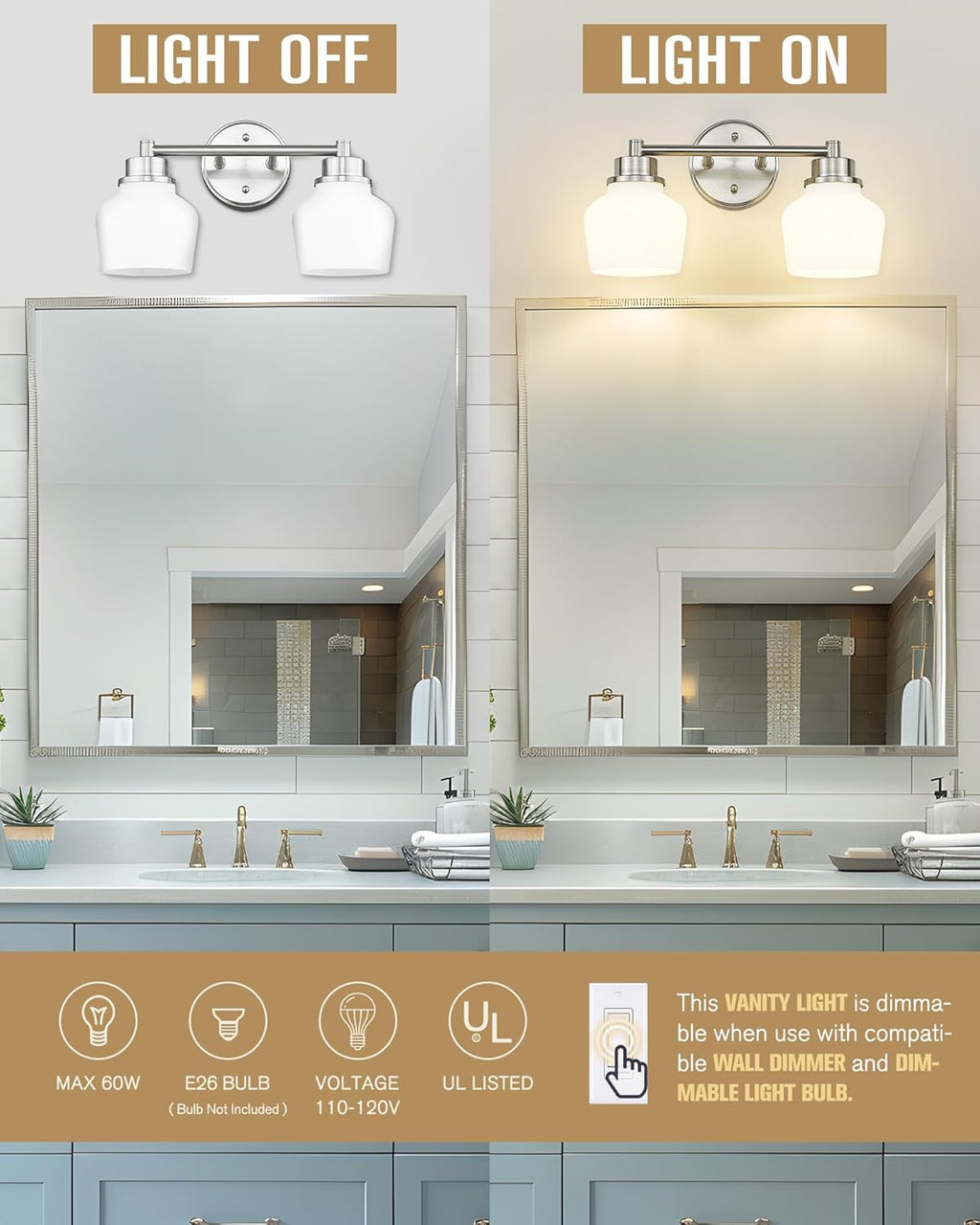 Emak Brushed Nickel Bathroom Light Fixtures, 2-Light Bathroom Vanity Light with Milk Glass Shade, Modern Vanity Lights for Bathroom, Mirror, VL122-BN-ML-2