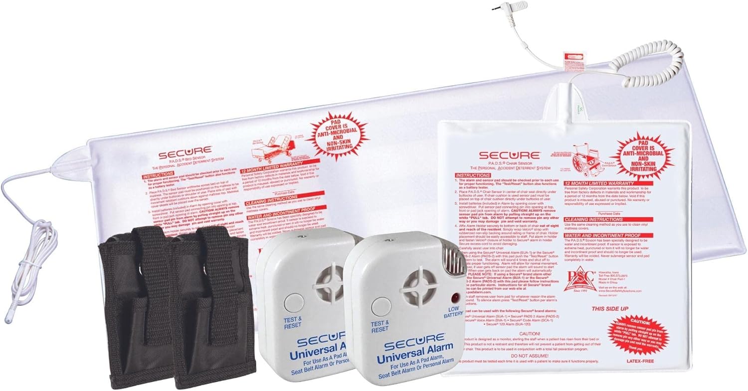 Secure Chair and Bed Alarm for Elderly Adults - Two Alarm Monitors, Bed Sensor and Chair Sensor - Bed Alarms and Fall Prevention for Elderly Dementia Patients