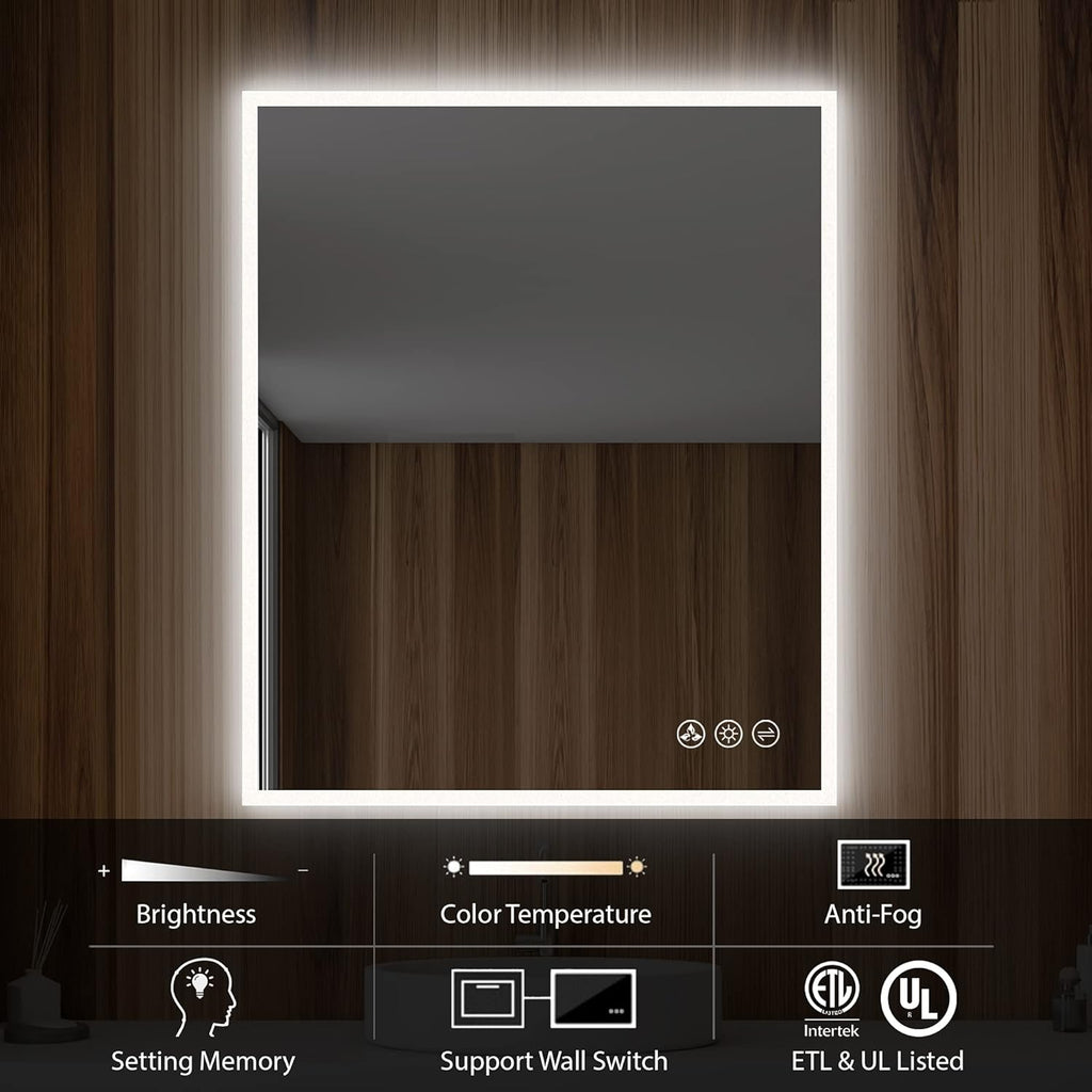 Blossom 30"X36" LED Bathroom Mirror with Lights, Front Lit and Backlight, Stepless Dimmable, Anti-Fog, Shatter-Proof Tempered Glass, Memory, 3 Colors Lighting Bathroom Mirrors for Vanity Makeup Mirror