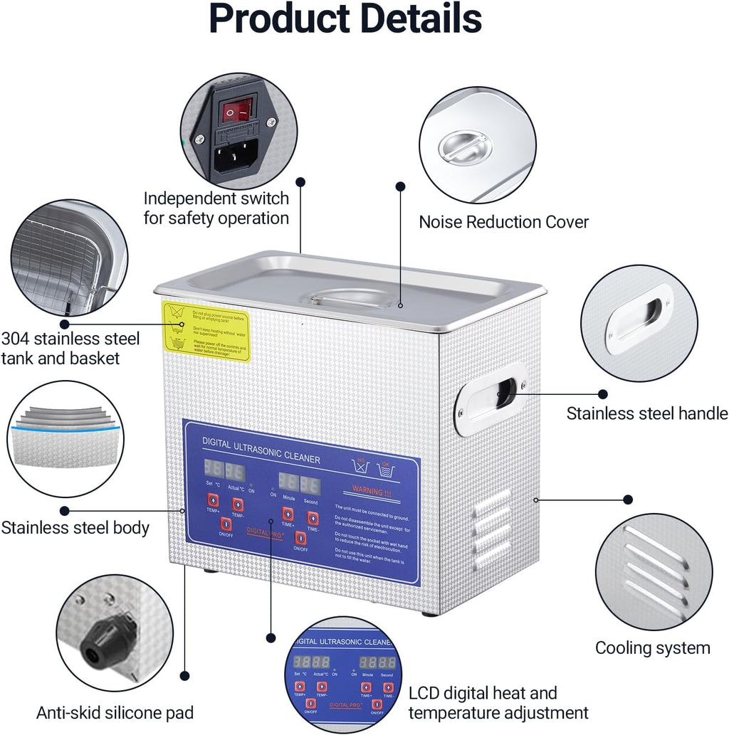 3.2L Commercial Ultrasonic Cleaner | Professional 40kHz with Digital Timer & Heater | for Jewelry, Watches, Eyeglasses & Small Parts Cleaning
