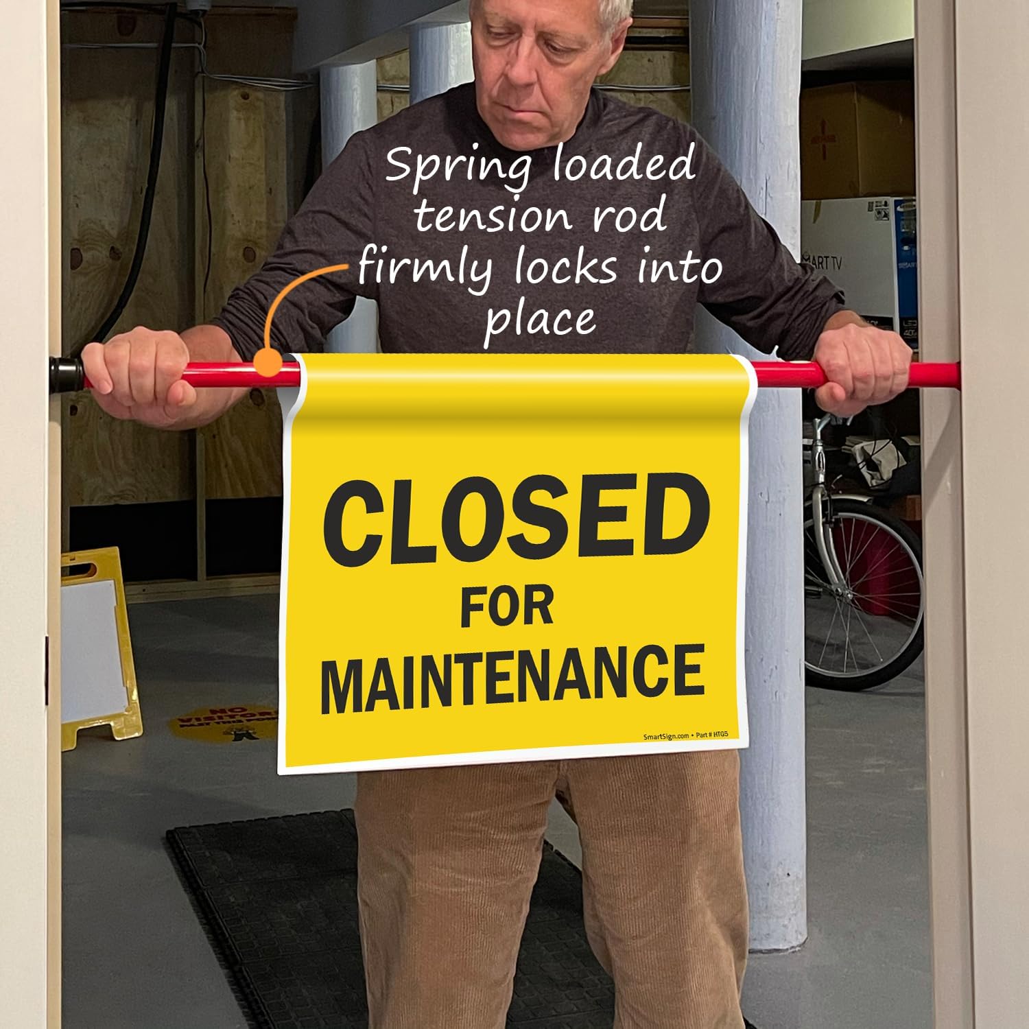 SmartSign 3-Pack 'Closed For Maintenance' Hanging Doorway Barricade Sign, Spring-loaded Adjustable Twist-To-Tighten Aluminum Pole & 11.25" x 18" Vinyl Safety Sign Kit, USA-Made