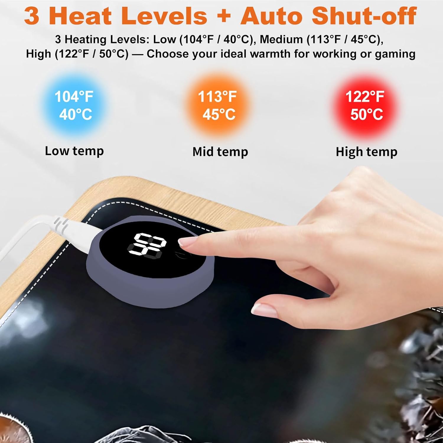 Small Heated Desk Pad 23.6" x 14.2" – Compact Electric Mouse Pad with 3 Heating Levels, Auto Shut-Off, Waterproof PU Surface, Plug-in Warmer for Office or Home Use, Mouse with Lantern