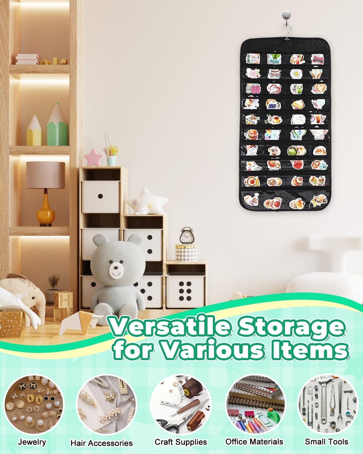 UCEC 2PCS Hanging Sticker Organizer Display Stand Double Sided 80 Pocket Hanging Sticker Chart with Clear Pockets, Wall Sticker Holder for Vendors, Jewelry Organizers and Storage (Black)