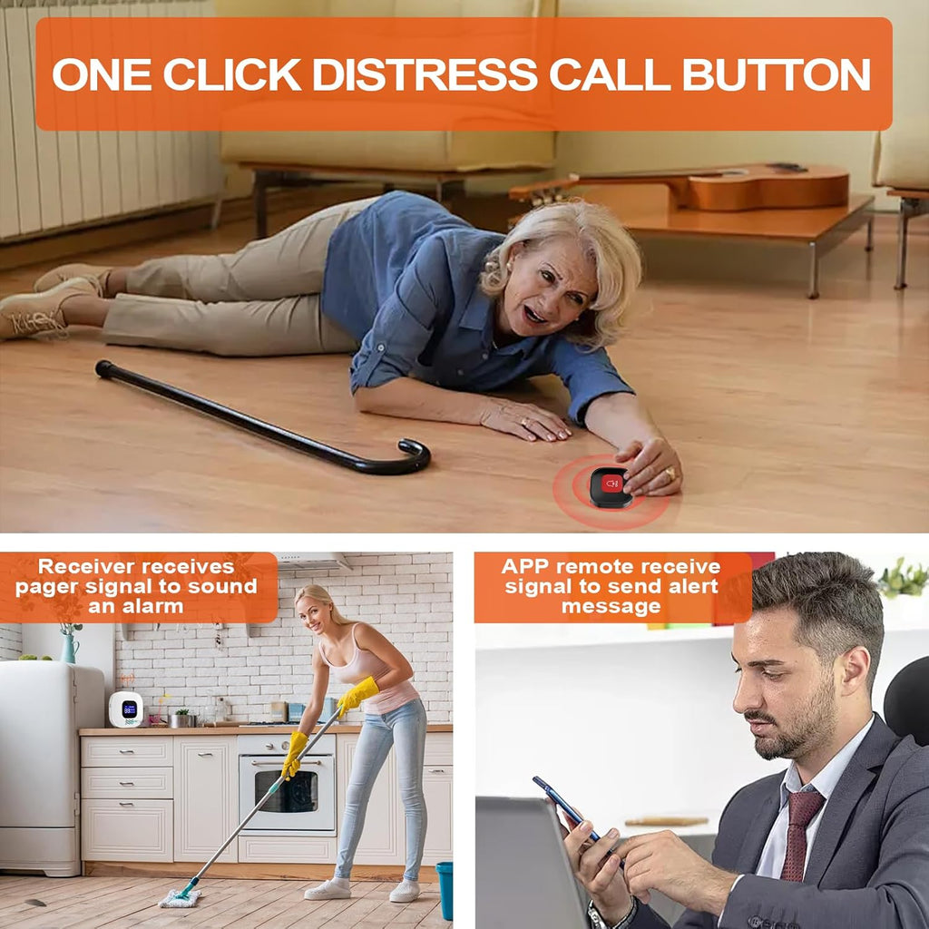 Wireless Caregiver Pager with Smart Call System & Call Buttons for Elderly Monitoring, Life Alert System for Seniors, 2 SOS Panic Button 1 Receiver