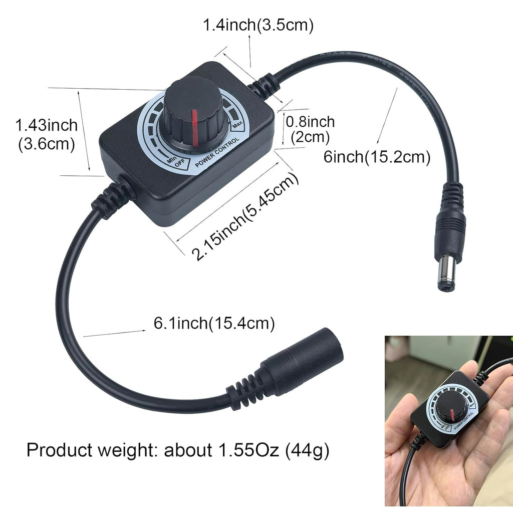 DC 12V Knob LED Dimmer Switch, 5-24V 5A Rotary Control DC Motor Speed Controller Universal, Stepless Dimming for LED Strip Light/Fan, Black