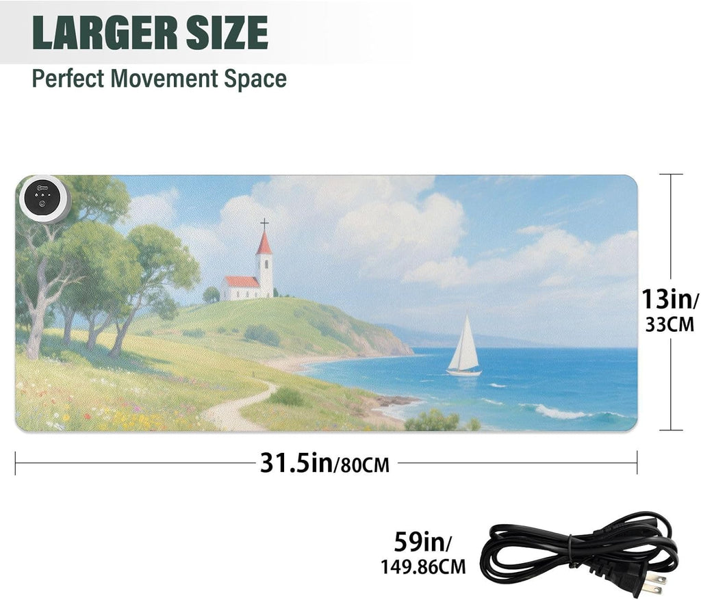 Large Heated Mouse Pad,Leather Desk Mat,31.5"x13", Hand Warmer Pads for Desk,Sea Flowers(Sky Blue)