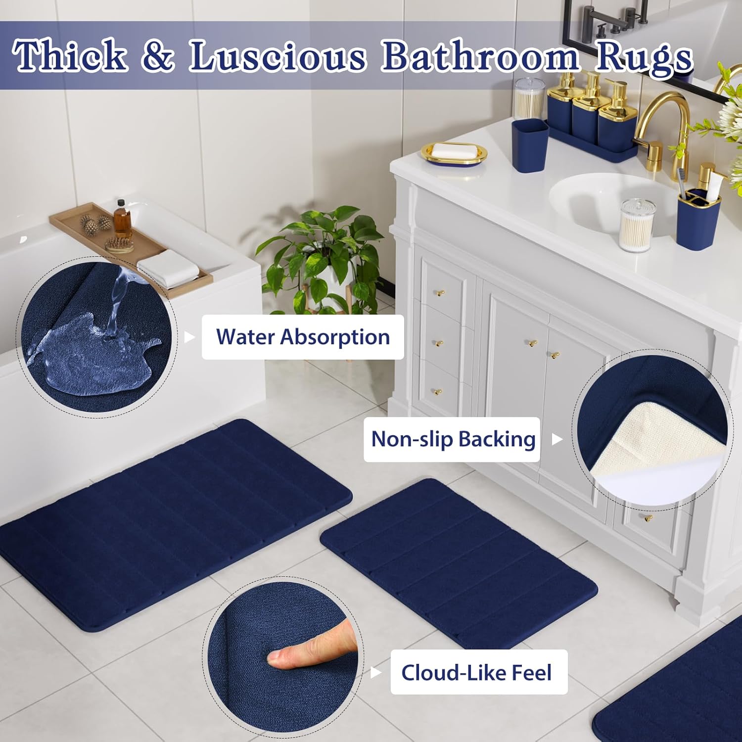 Bathroom Sets with Shower Curtain and Rugs, 27PC Bathroom Accessory Set, Blue Bathroom Set, Navy Blue Bathroom Accessories Set with Trash Can, Toilet Brush and Soap Dispensers