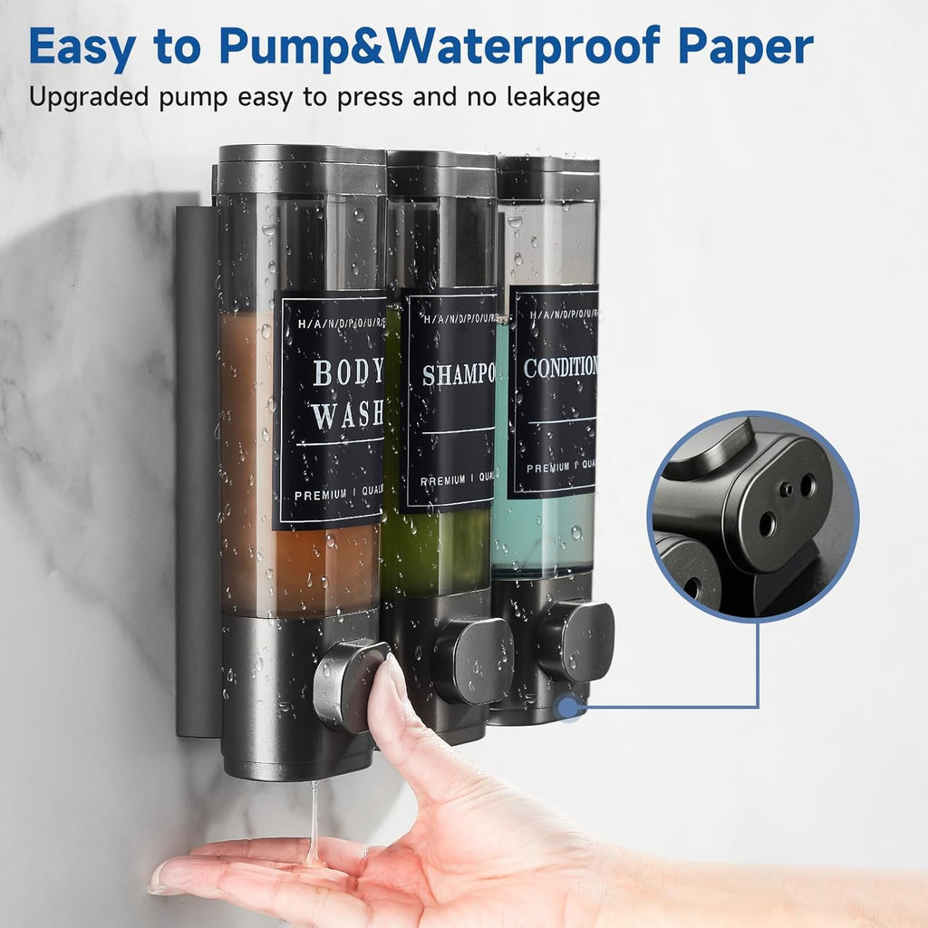 Shampoo and Conditioner Dispenser,Shower Dispenser 3 Chamber No Drill Wall-Mounted Shampoo Dispenser for Shower Wall Mounted Shower Soap Dispenser for Bathroom Hotel 3X300ML,Gun Grey
