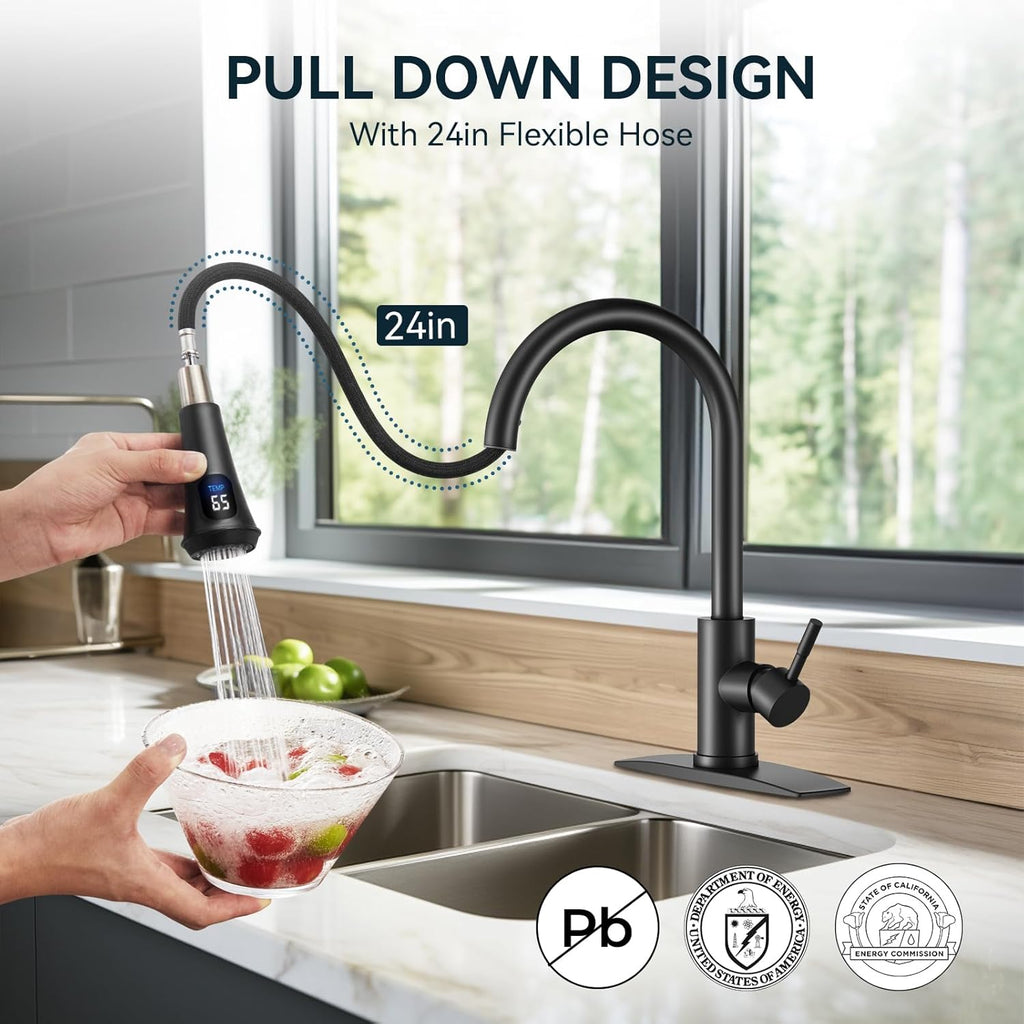 FORIOUS Black LED Kitchen Faucet with Pull Down Sprayer, High Arc Single Handle Modern Stainless Steel Sink Faucet with Temperature Digital Display, Suitable for Farmhouse Camper Rv Bar