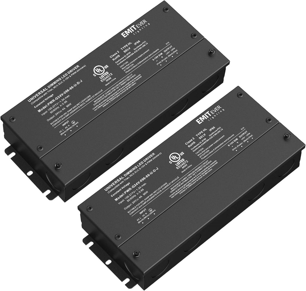 EMITEVER Dimmable Led Driver, 2 Packs 96W AC 110V-277V to DC 24V Transformer, 5-in-1 Dimming: ELV/MLV/TRIAC / 0-10V / 1-10V / 10V PWM/Potentiometer, Waterproof IP67 and UL Listed