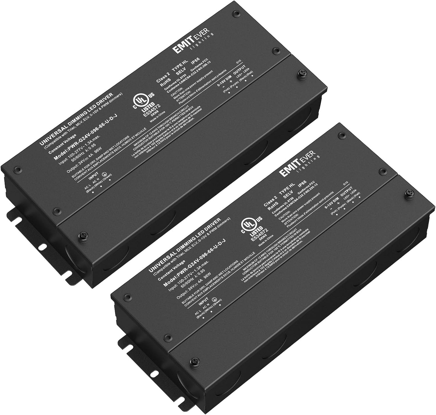 EMITEVER Dimmable Led Driver, 2 Packs 96W AC 110V-277V to DC 24V Transformer, 5-in-1 Dimming: ELV/MLV/TRIAC / 0-10V / 1-10V / 10V PWM/Potentiometer, Waterproof IP67 and UL Listed