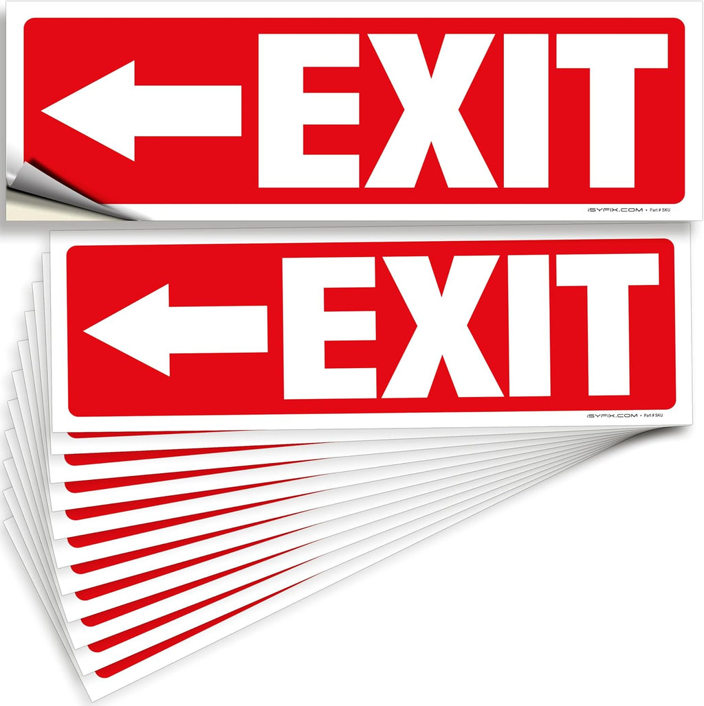 iSYFIX Exit Signs Stickers 12 Pack 12x4 Inch - Laminated Premium Vinyl Directional Left Arrow Signs for Buildings, Office, Workplace, Stores, Schools, Theaters, Parking, Restaurants, Factories