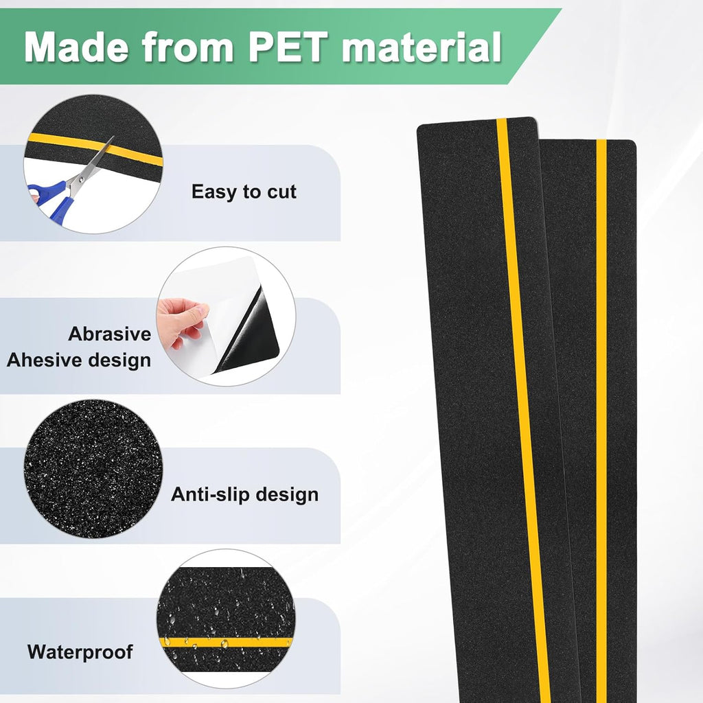 10-Pack Anti Slip Traction Tape 24" x 6" Best Grip Tape Grit with 12mm/0.47" Glow in Dark Stripe High Traction Friction Abrasive Adhesive for Indoor/Outdoor Stairs[Black+Yellow]