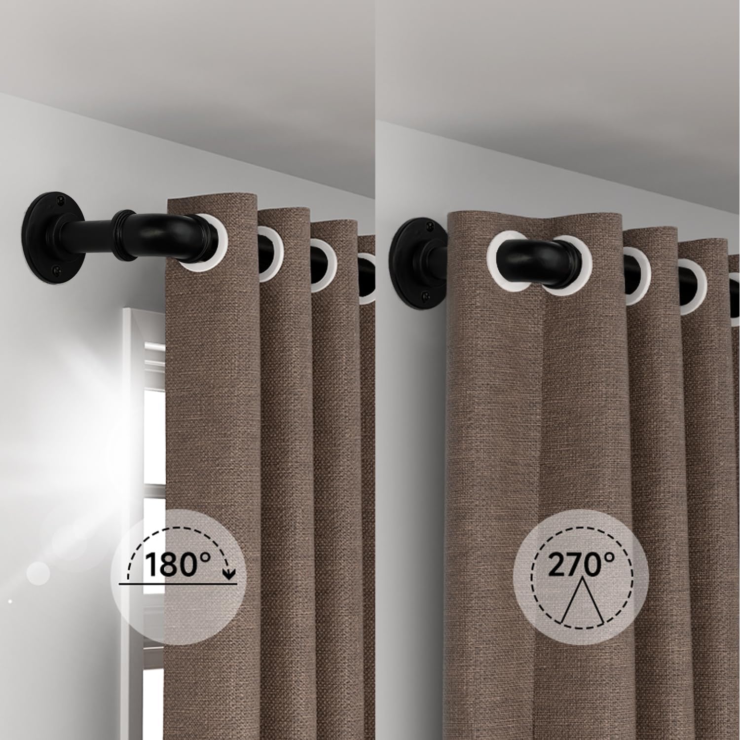 Black Curtain Rods 18 to 120 Inch, Industrial Curtain Rods,Adjustable Length,1 in Diameter Pipe,Wall or Ceiling Mounted,for Bedroom and Living Room(Black 18” to 120”)