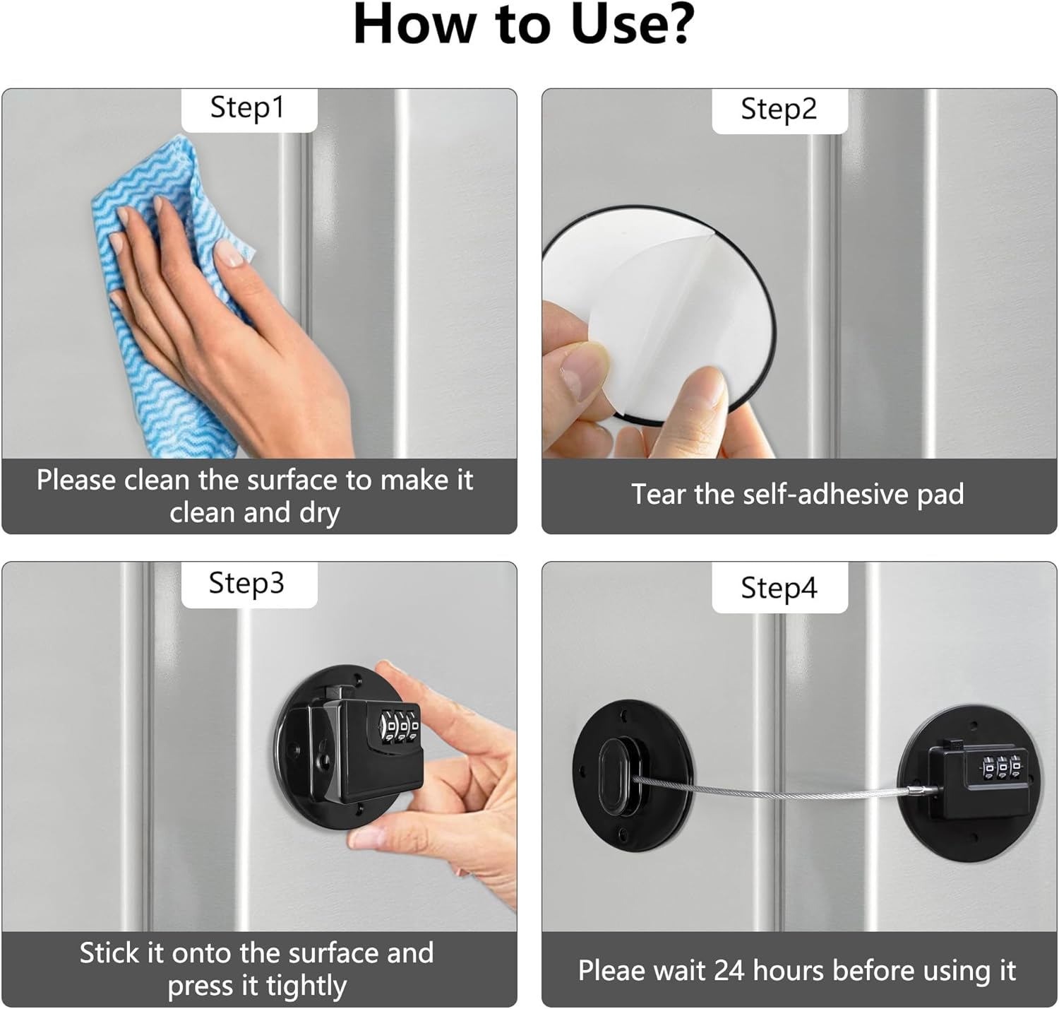 Fridge Lock Refrigerator Lock- Child Safety Cabinet Locks for Refrigerator, Freezer, Drawers & Cabinets - No Key Combination Lock, Adjustable & Reusable for Kids, Adults, Pets (Black 4Pack)