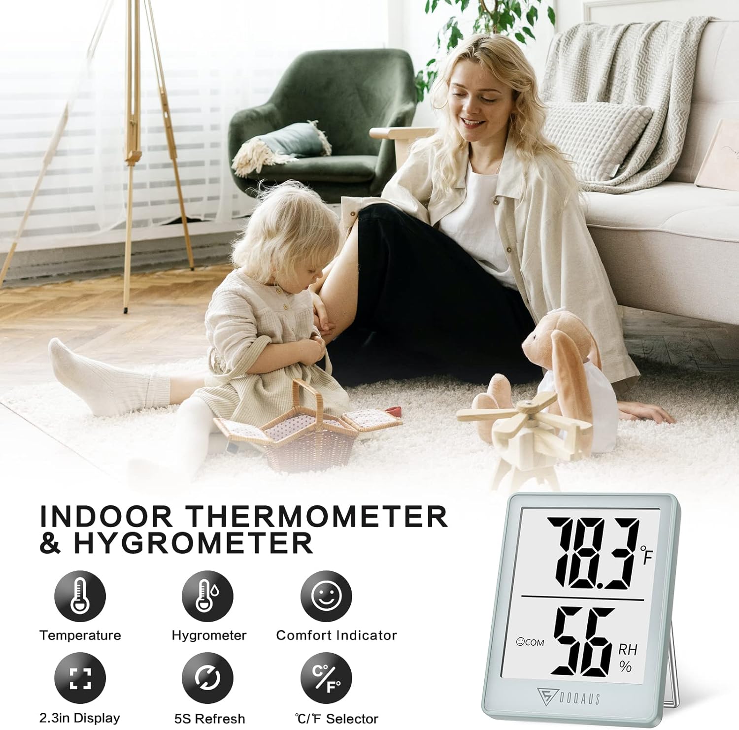 DOQAUS Digital Hygrometer Indoor Thermometer Humidity Gauge Room Thermometer with 5s Fast Refresh Accurate Temperature Humidity Monitor, Light Blue