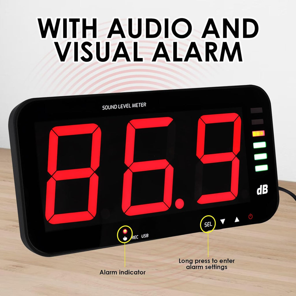 Decibel Meter Sound Level Meter with Data Logging, 13" Large LCD Display Wall Mounted Noise Meter for Classroom w/ 16.4ft Corded Sensor & Alarm Output for Studio Decibel Noise Measuring and Recording